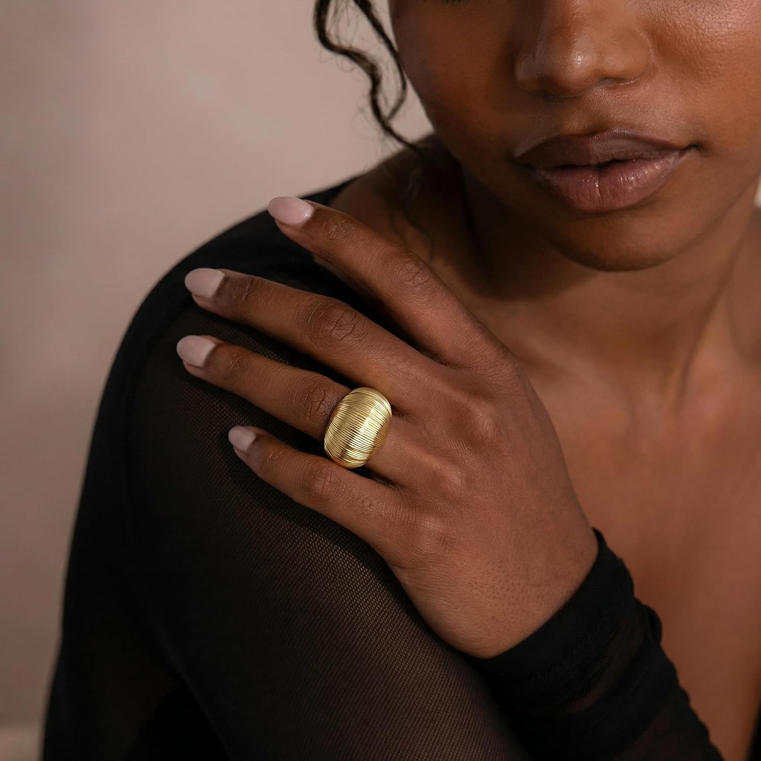 Chunky Gold Ring for Women, Ribbed Dome Statement Ring, Gold Plated Wide Band Ring, Sculptural Textured Fashion Jewelry