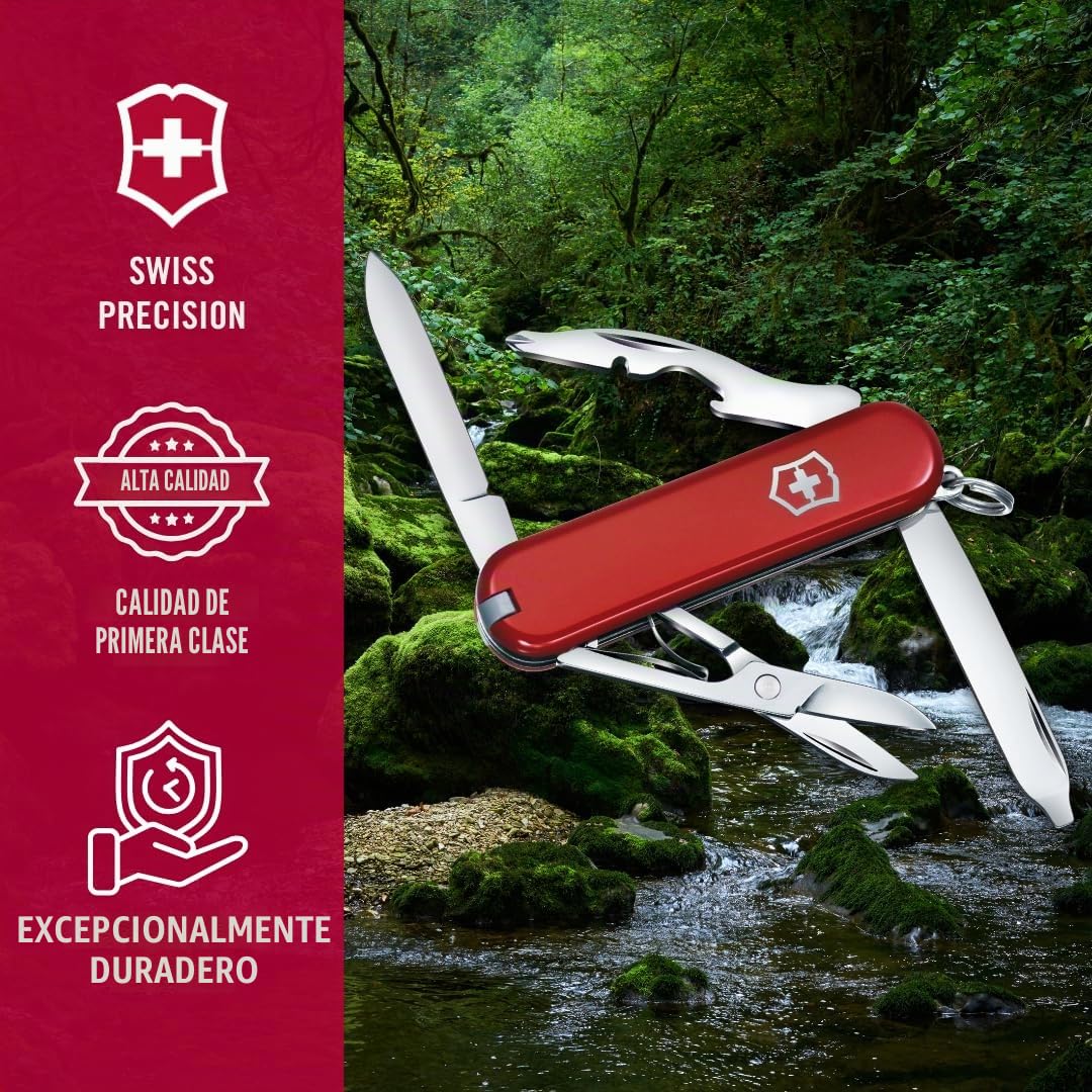 Victorinox Navaja suiza de bolsillo Rambler, pequeña, 10 funciones, Hecha en Suiza, multiherramienta con destornillador Phillips, tijeras, rojo