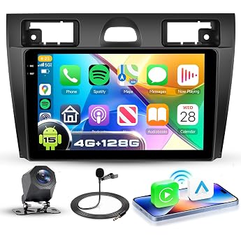 VECHTEL 4G + 128G Car Radio Android 15 for Ford Fiesta Mk5 2002-2008 9 Inch In-Cell HD Touchscreen with Wireless Carplay Android Car Car Radio Support GPS Wi-Fi USB Bluetooth FM RDS Camera