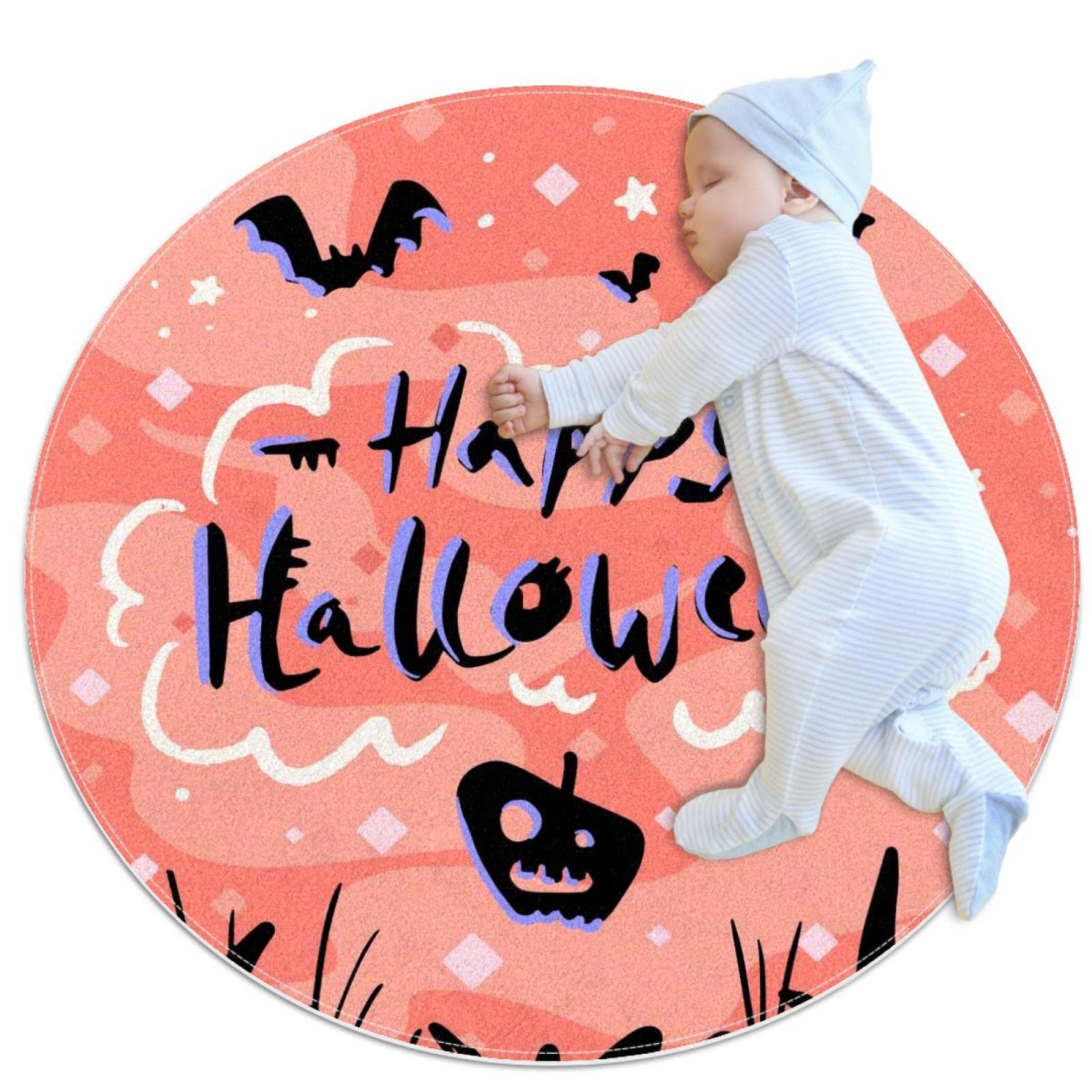 Tapis rond rose Halloween 100cm lavable et antidérapant pour chambre