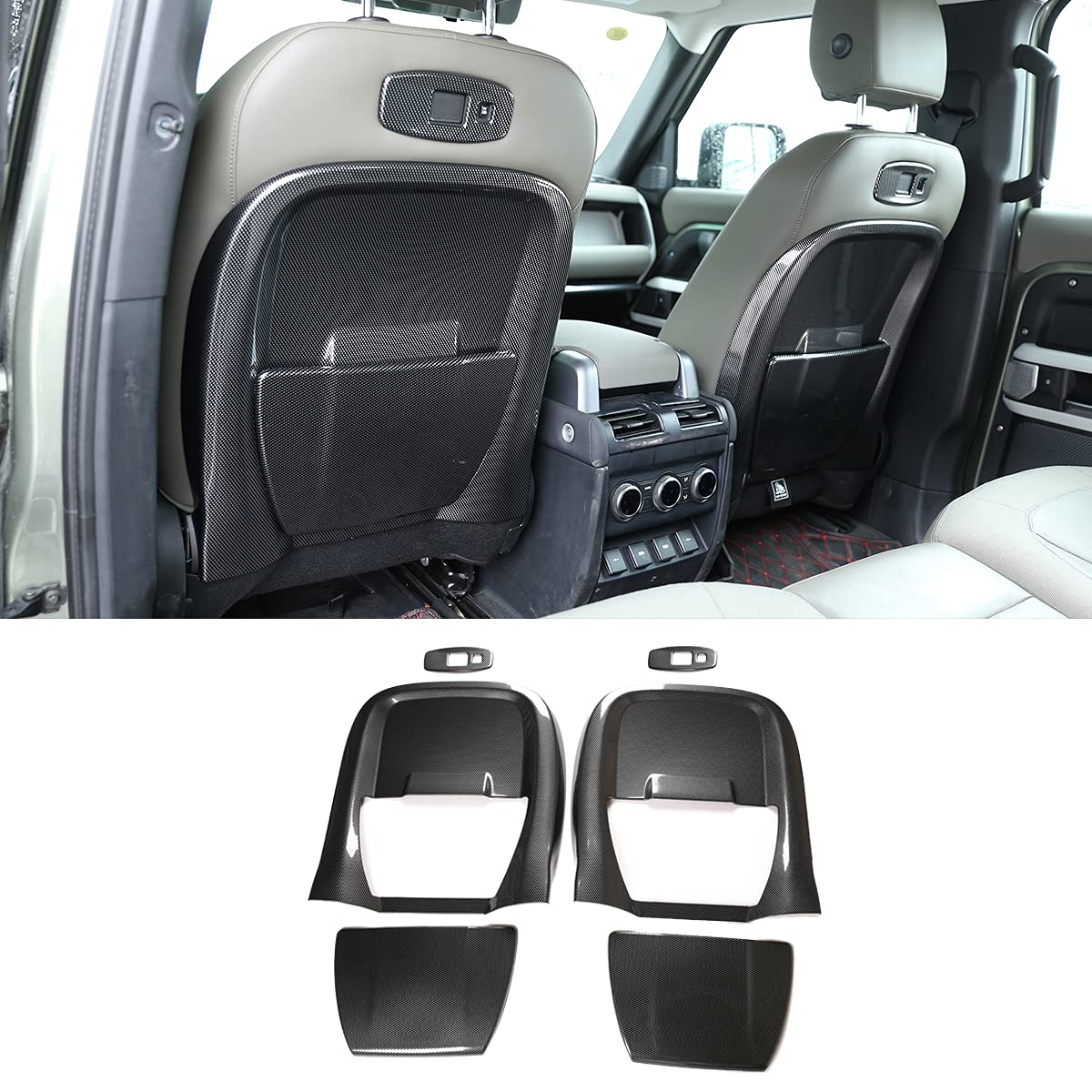 for Land Rover Defender 110 2020-2021,Car Rear Row Seat Back Anti-Kick Cover Decoration Panel Accessories (Carbon Fiber Style)