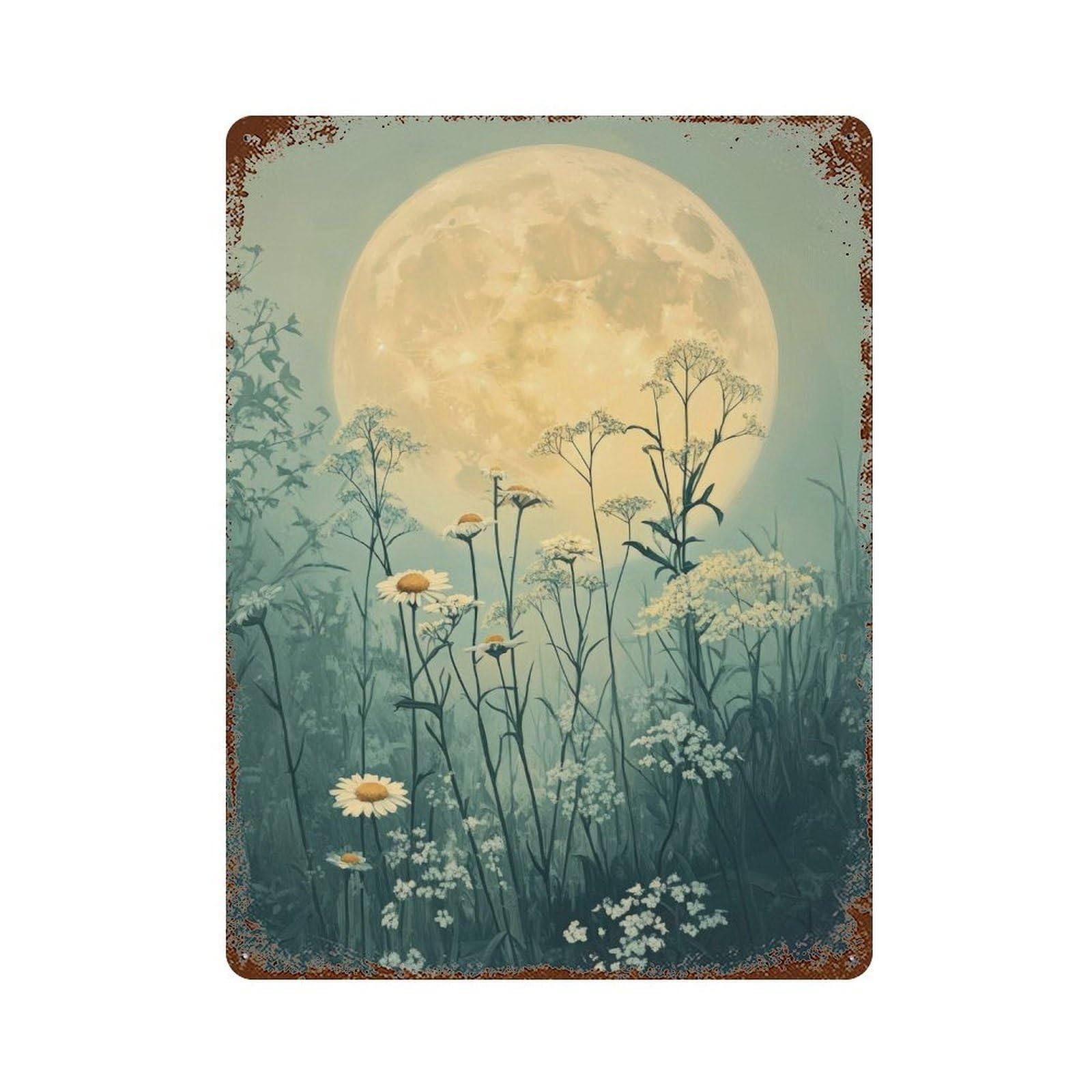 Moonlit Meadow Celestial Cottagecore Decor Dark Academia Enchanted Landscape Illustration Vintage Night Scene Rustic Wall Decor Art Metal Tin Poster Modern Home Decor Art Home Bar Shop Decorations Vi