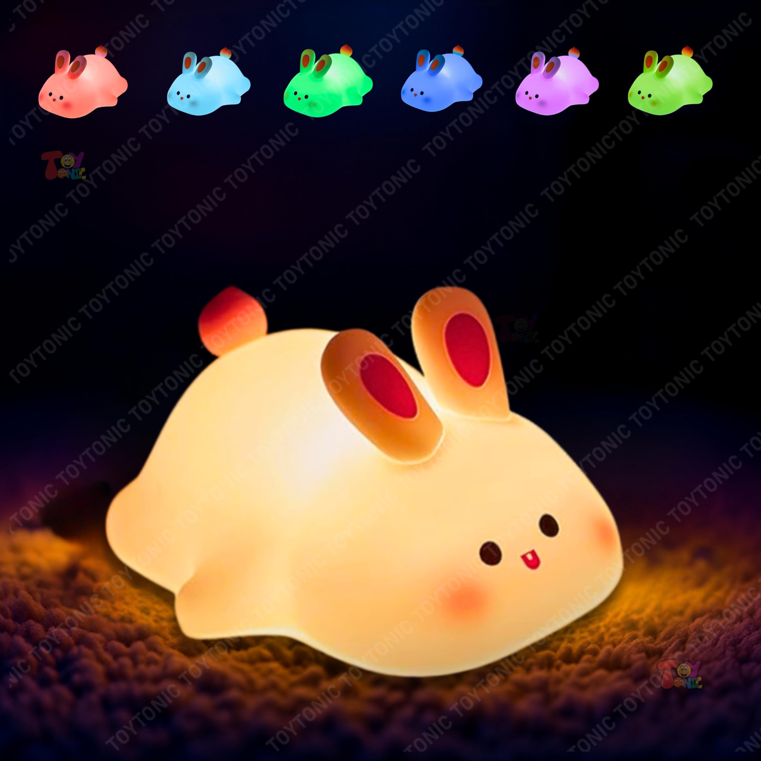 TOYTONIC Big Face Rabbit Night Light for Kids – Cute Silicone Bunny Led Lamp | Rechargeable Touch Light for Bedroom, Nursery, Baby Room | Soft Color Changing Night Lamp Gift for Girls & Toddlers