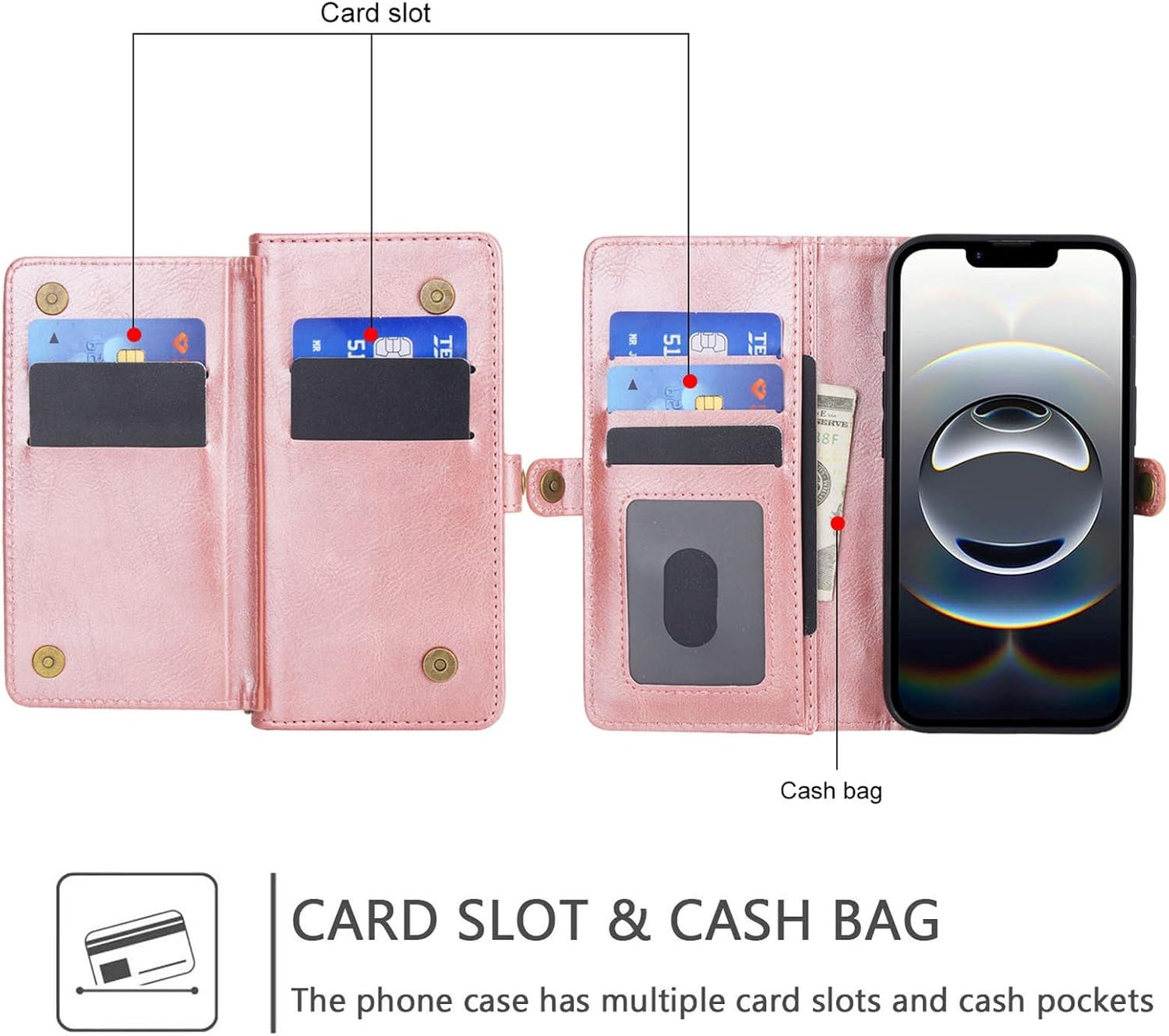 Wallet Case for iPhone 16 Pro Max, PU Leather Detachable Magnetic Flip Cover with Card Holders Wrist Strap - Rose Gold