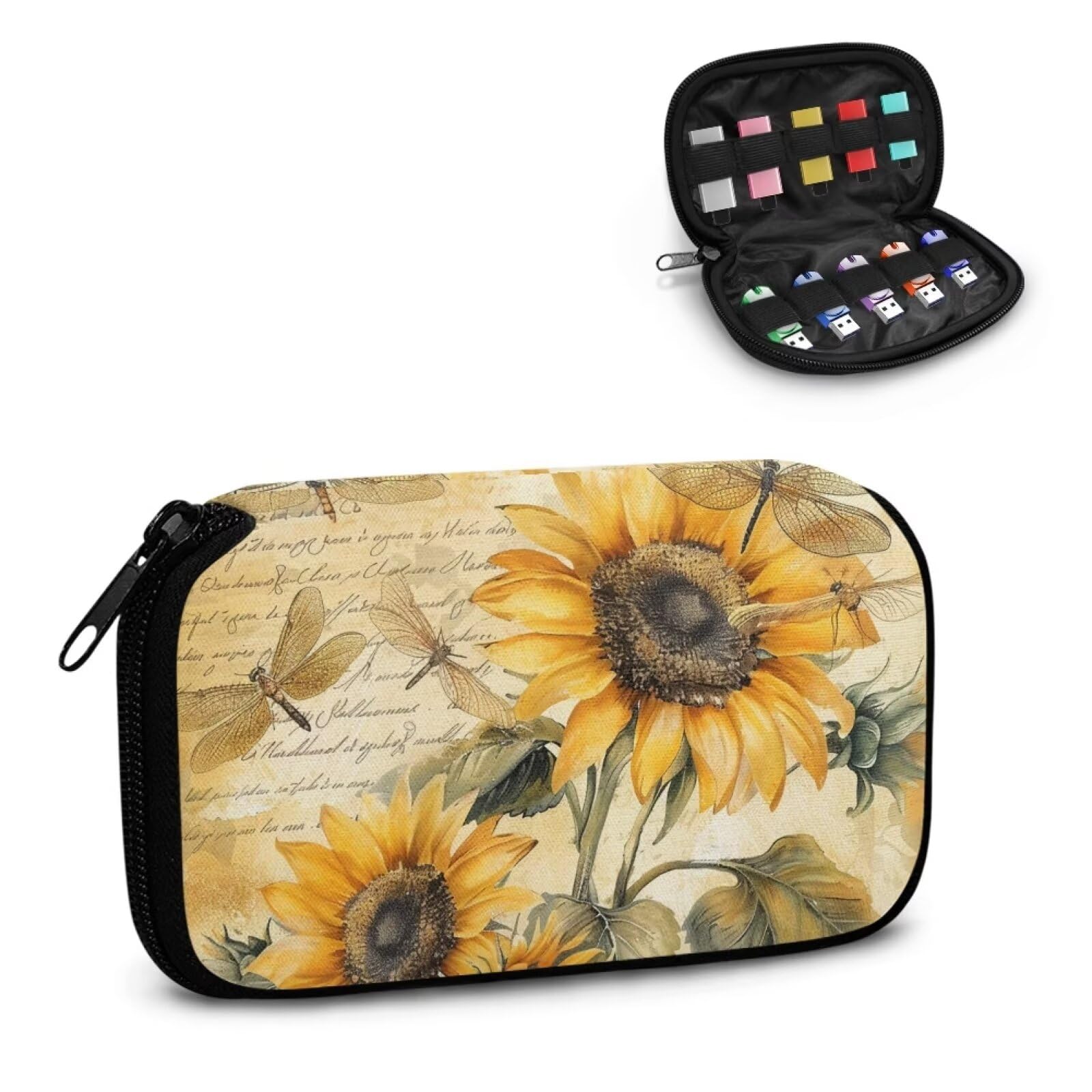 STUOARTE Sunflower Dragonfly Printed Flash Drive Case USB Storage Case, 10 USB Holder Storage Bag Thumb Drive Memory Stick, Electronic Accessories
