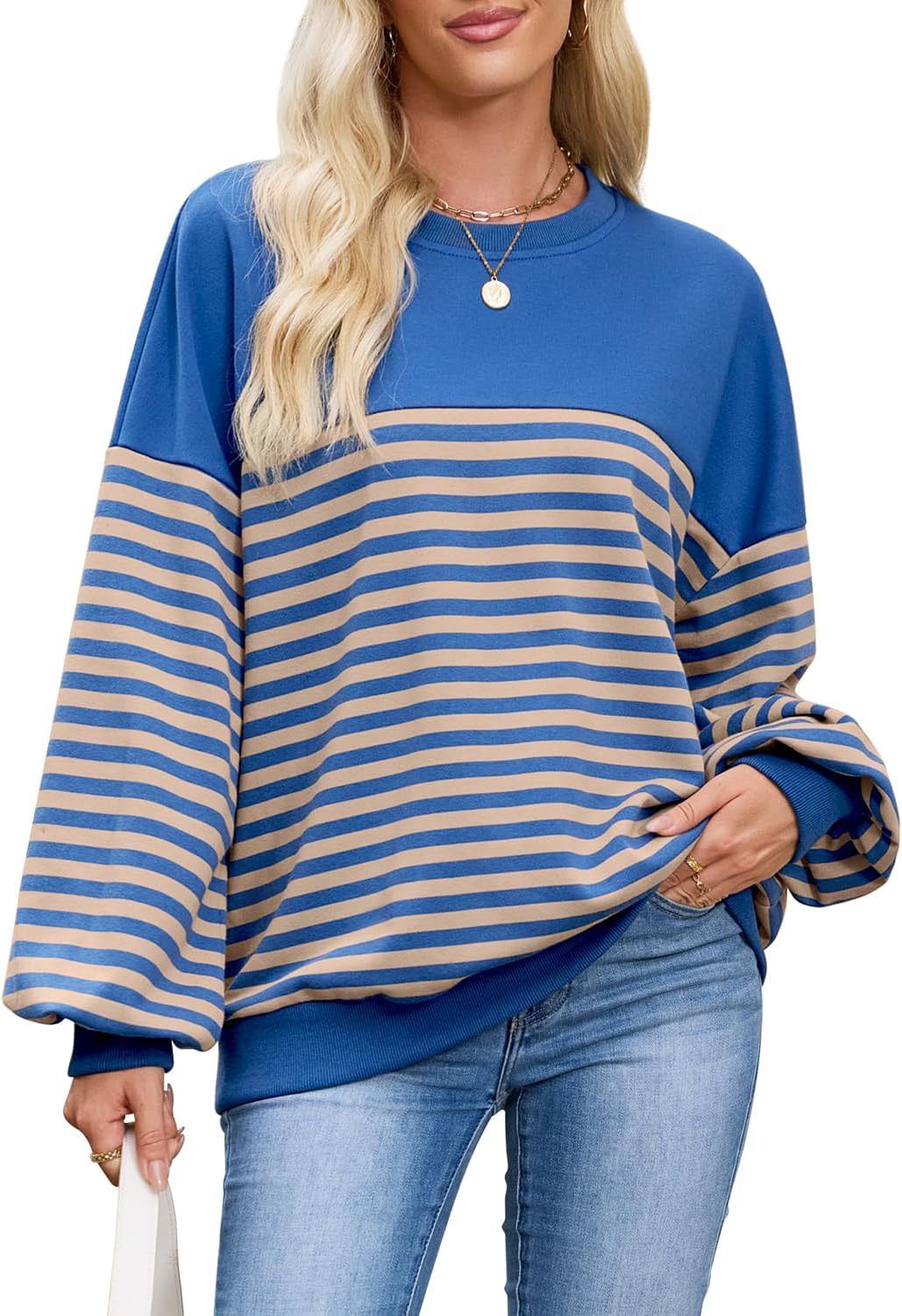 HEYTALALA Womens Oversized Striped Sweatshirts Y2K Long Sleeve Crewneck Sweater Color Block Drop Shoulder Loose Pullover Tops - Image 2