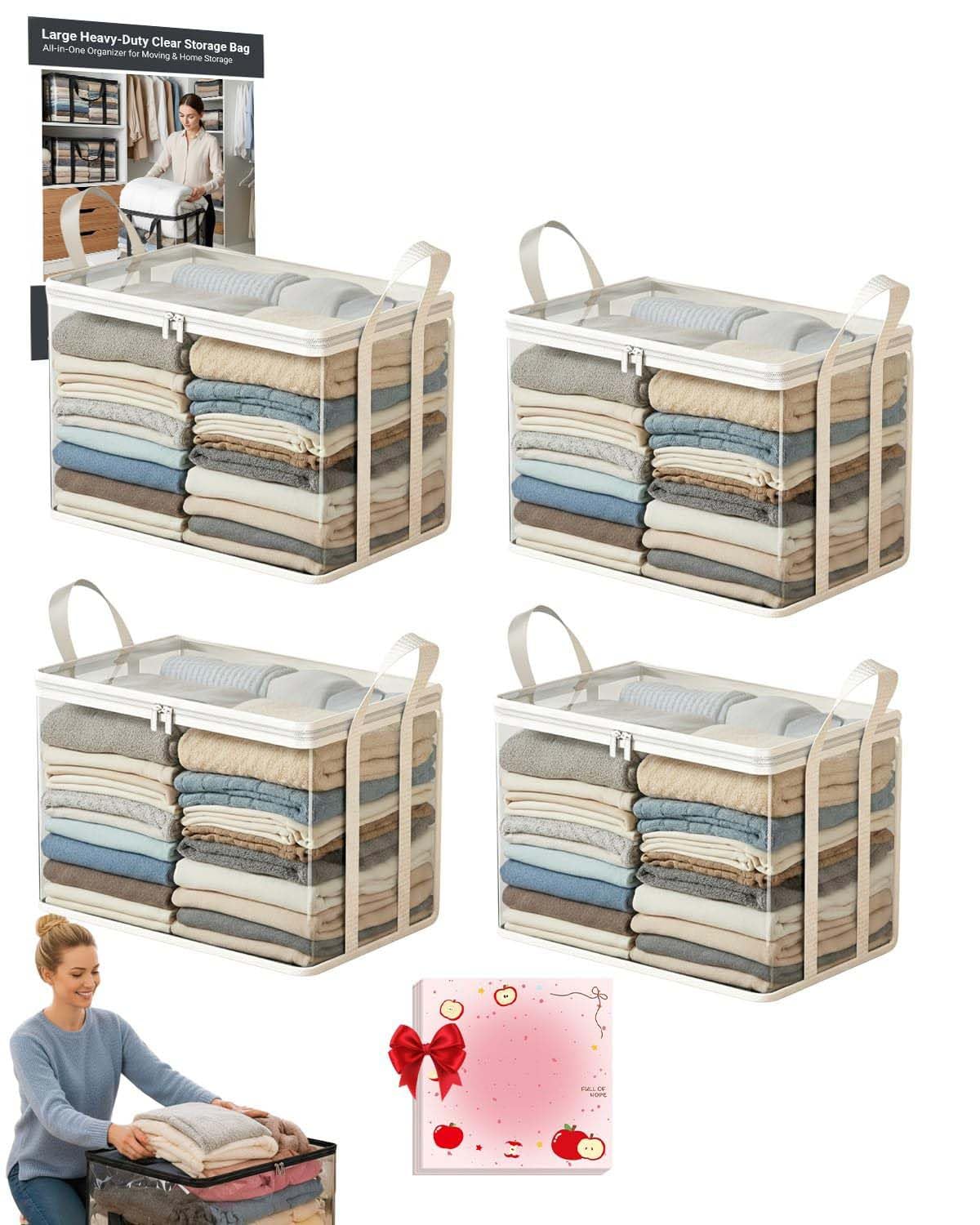 Homgo Large Heavy-Duty Thick Plastic Clear Storage Bag for Clothes, Moving & Storages, Stackable Foldable Bins Totes Bags with Lids Handles and Zipper for Home Organization (4, White)