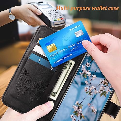 Miniatura 5 de Funda compatible con Moto G Power 2021, función atril, correa de muñeca, ranuras para tarjetero, diseño floral de mariposa en relieve, funda