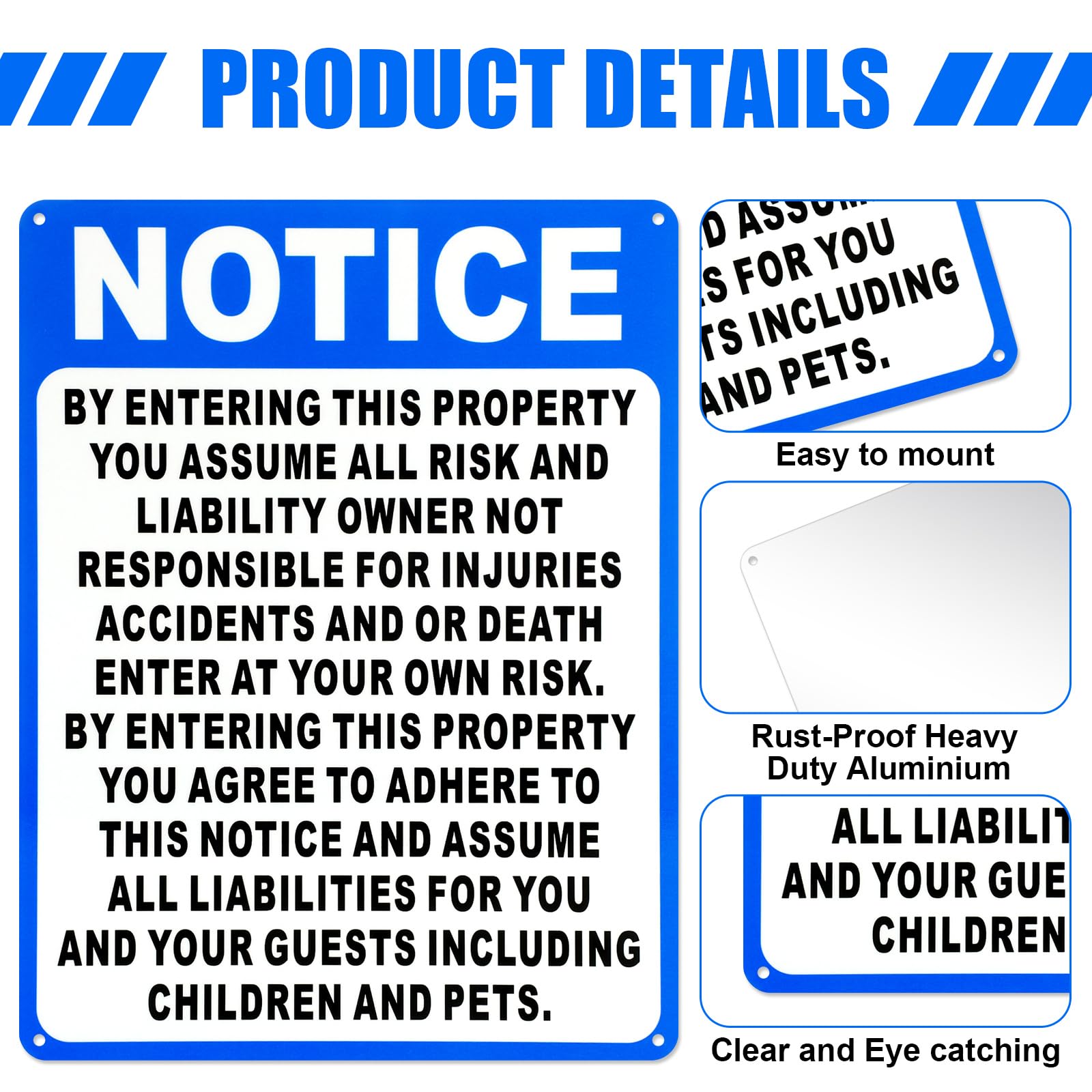 4 letreros de aluminio con texto en inglés "Not Responsible for Accidents or Injuries", con texto en inglés "Enter at your own risk", 22,8 x 30,5 cm, aviso al ingresar esta propiedad para