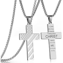 RWQIAN American Flag Cross Necklace for Men Bible Verse, Christian Religious Scriptures Faith Baptism 1st First Communion Pendant Chain for Boys, Fathers Dad Day Graduation Jewelry Gifts for Him
