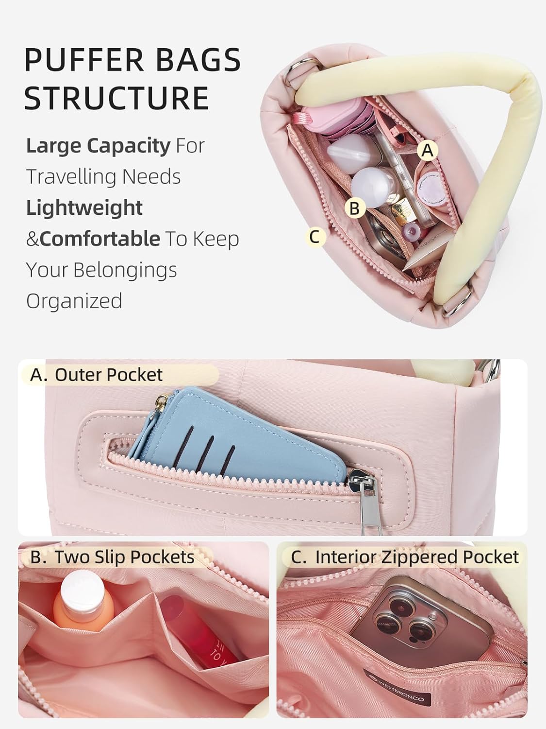 WESTBRONCO Small Puffer Crossbody Bags for Women Mini Tote Bag, Puffy Nylon Shoulder Purse, Womens Quilted Handbags - Image 6