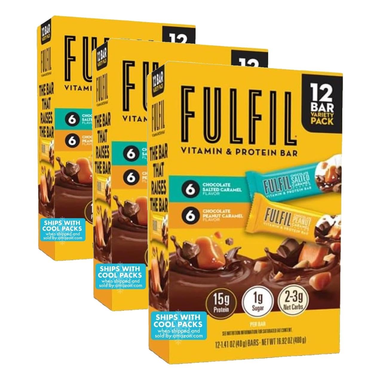 FULFIL Protein Snack Bars, 6 Chocolate Peanut and Caramel & 6 Chocolate Salted Caramel, 15g Protein, Pantry Staples, 12 Count