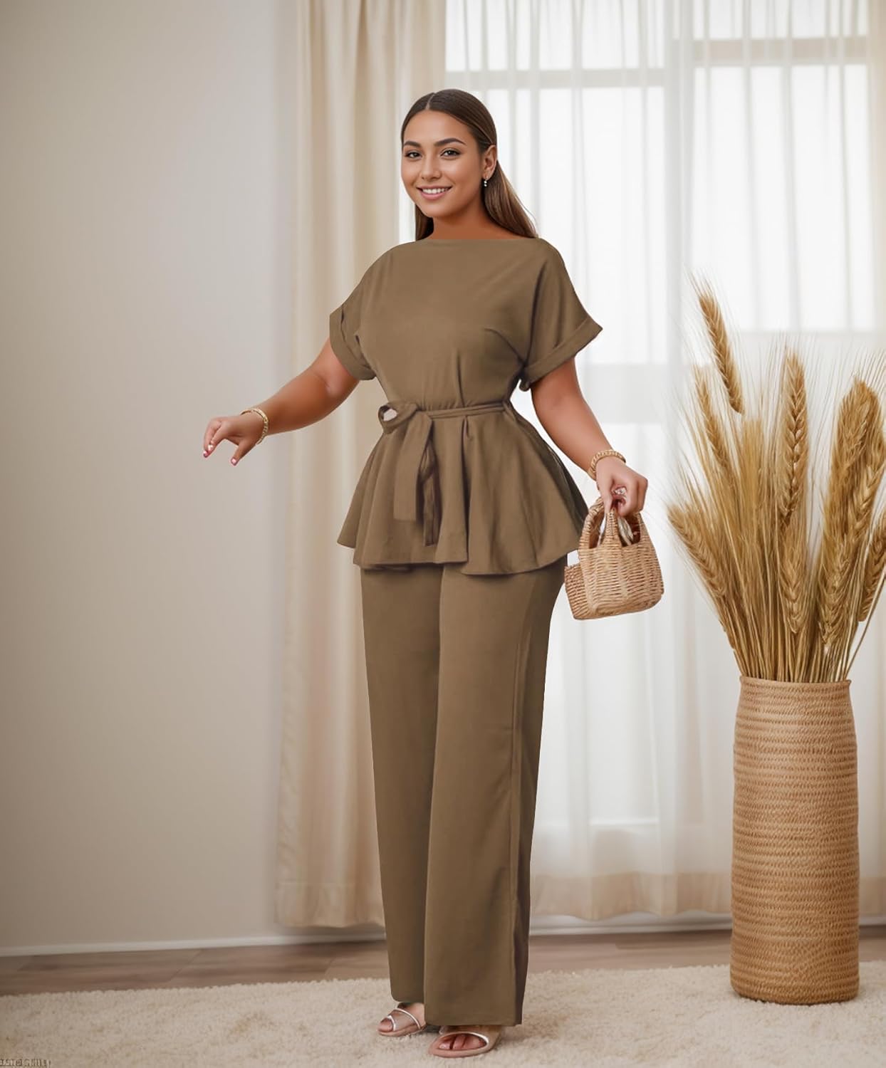 Women's 2 Piece Outfits Suit Set Round Neck Short Sleeve Top Long Pants Church Office Business Work Wear - Image 2