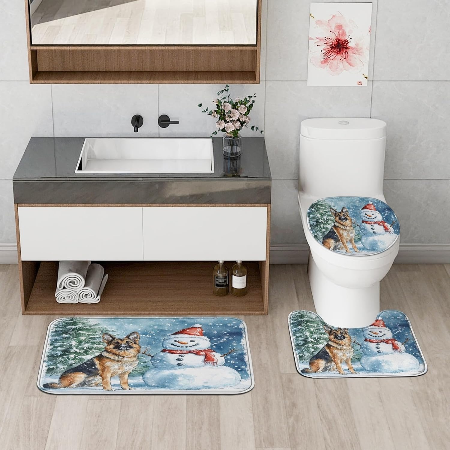 4PCS Christmas German Shepherd Dog Bathroom Accessory Sets with Non-Slip Rug, U Shape and Toilet Lid Cover Mat, Xmas Snowmen Tree Bathroom Fabric Decor-72''x72''