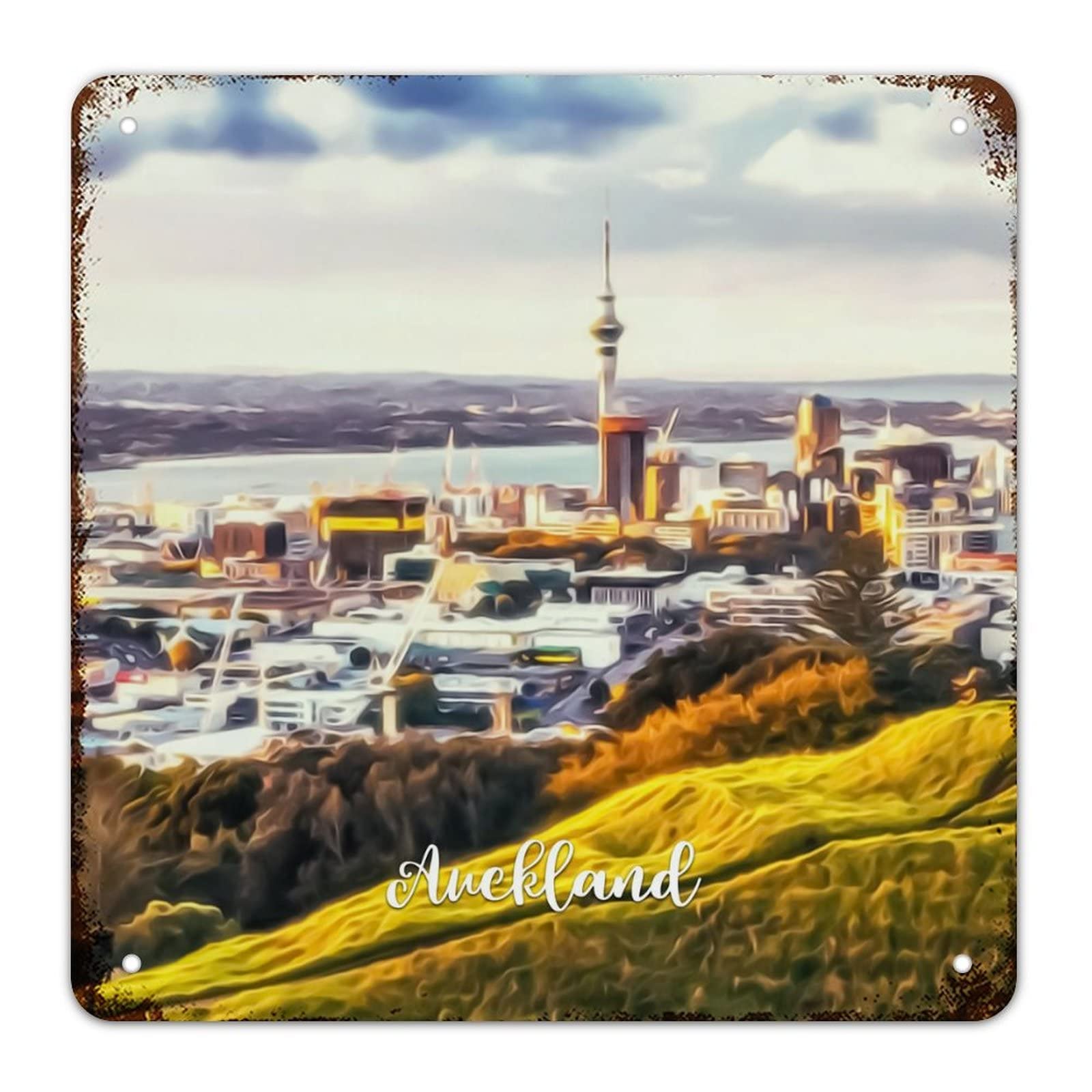 Plaque vintage métal Auckland 38 cm rustique avec impression skyline haute qualité