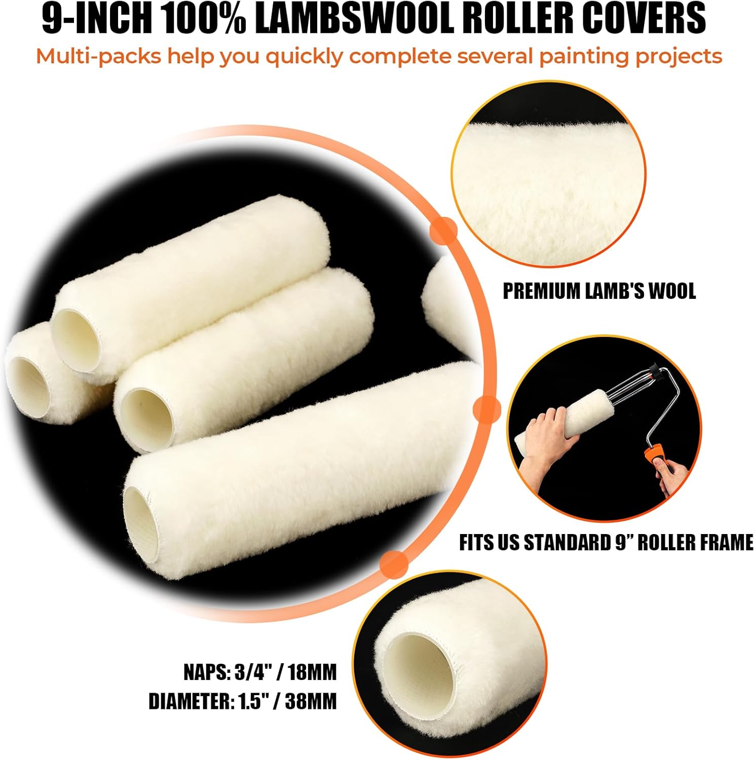 6 Pack 9" x 3/4" Nap Professional Lambswool Paint Roller Covers, Shed-Resistant 100% Natural Lambs Wool, Premium Lambswool Roller for Semi-Rough to Rough Surfaces, All Paints and Stains