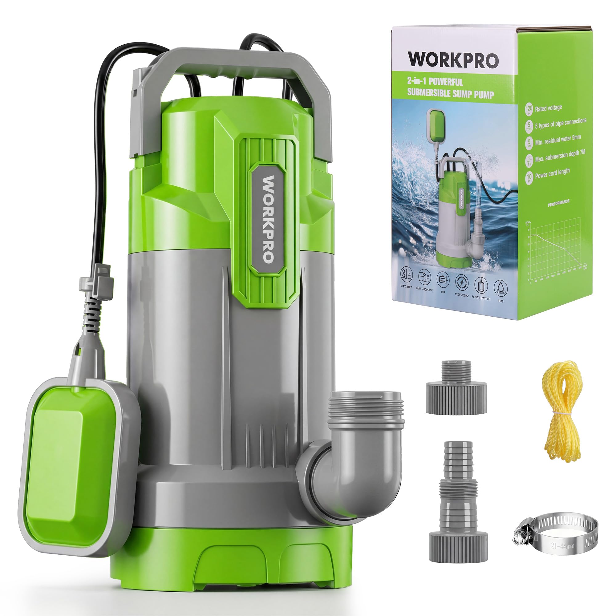 workpro submersible water pump, 1hp 4500 gph sump pump with automatic float switch for transferring clean or dirty water, a water pump for pool draining, flooded basement, pond, and garden irrigation