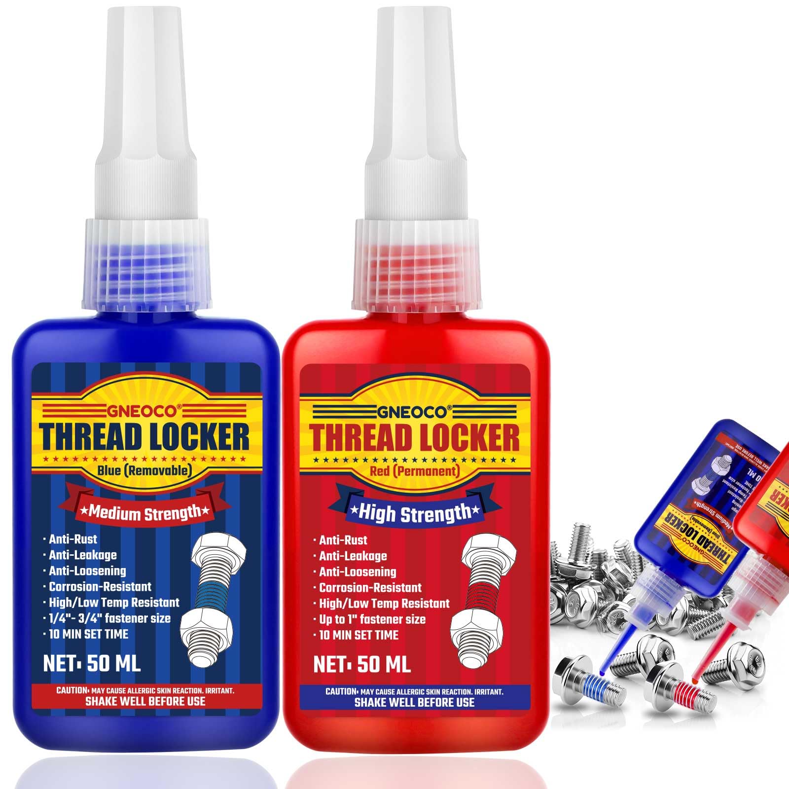 50ml x 2 Blue and Red Thread Lock, Heavy Duty Medium and Strong, Thread Locker for Nuts, Bolts, Fasteners and Metals, Anaerobic Curing Screw Glue to Prevent-image-22