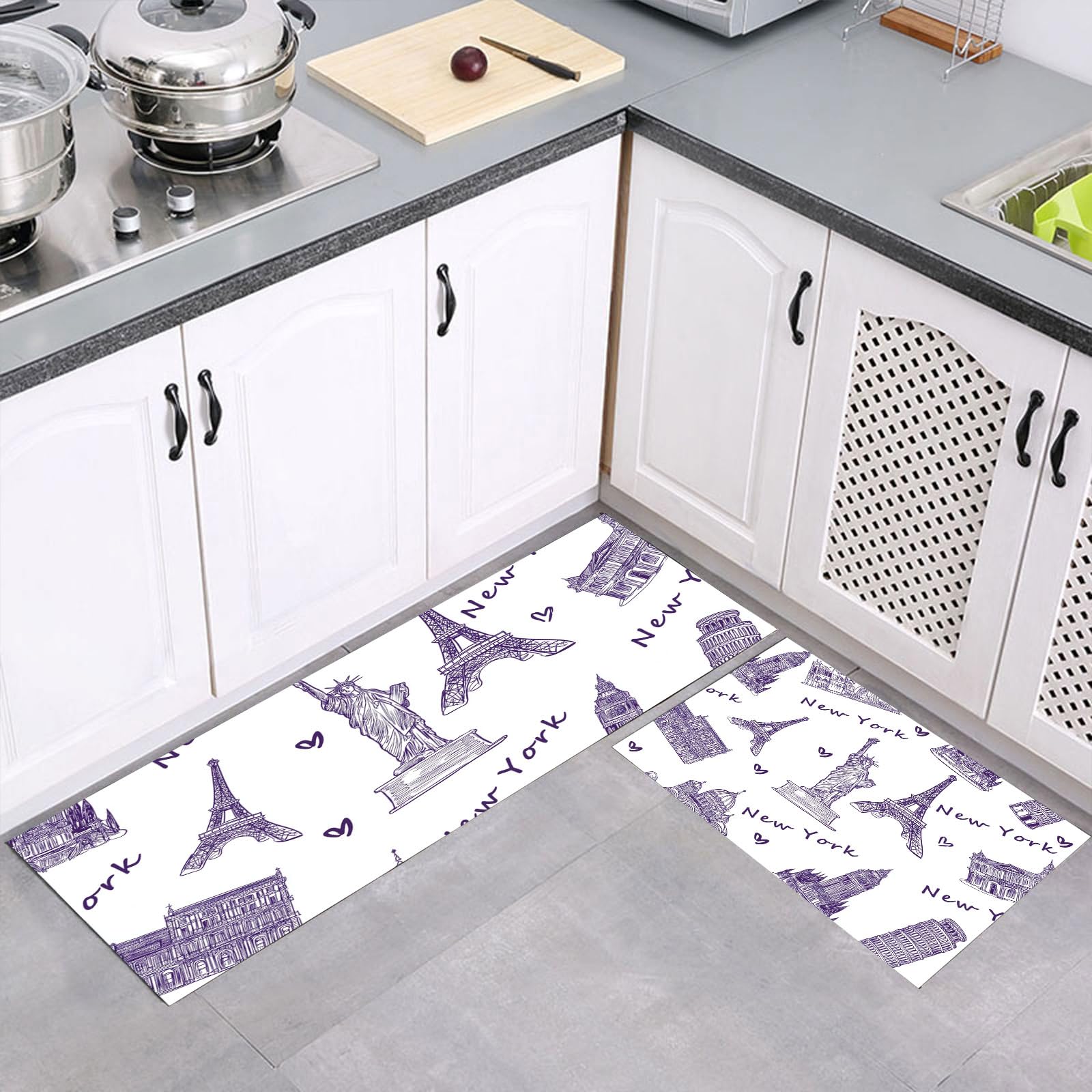 Juego de alfombras de cocina de 43x75cm y 43x150cm, antideslizante morado, 2 piezas