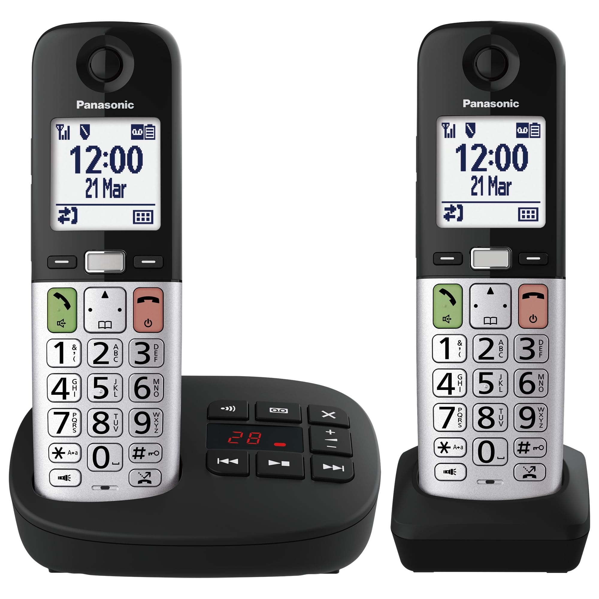 Panasonic KX-TGU432EXB Telefono senza fili digitale con segreteria telefonica, volume amplificato, unità base e 2 auricolari, display LCD, torcia elettrica, compatibile con apparecchi acustici, nero e