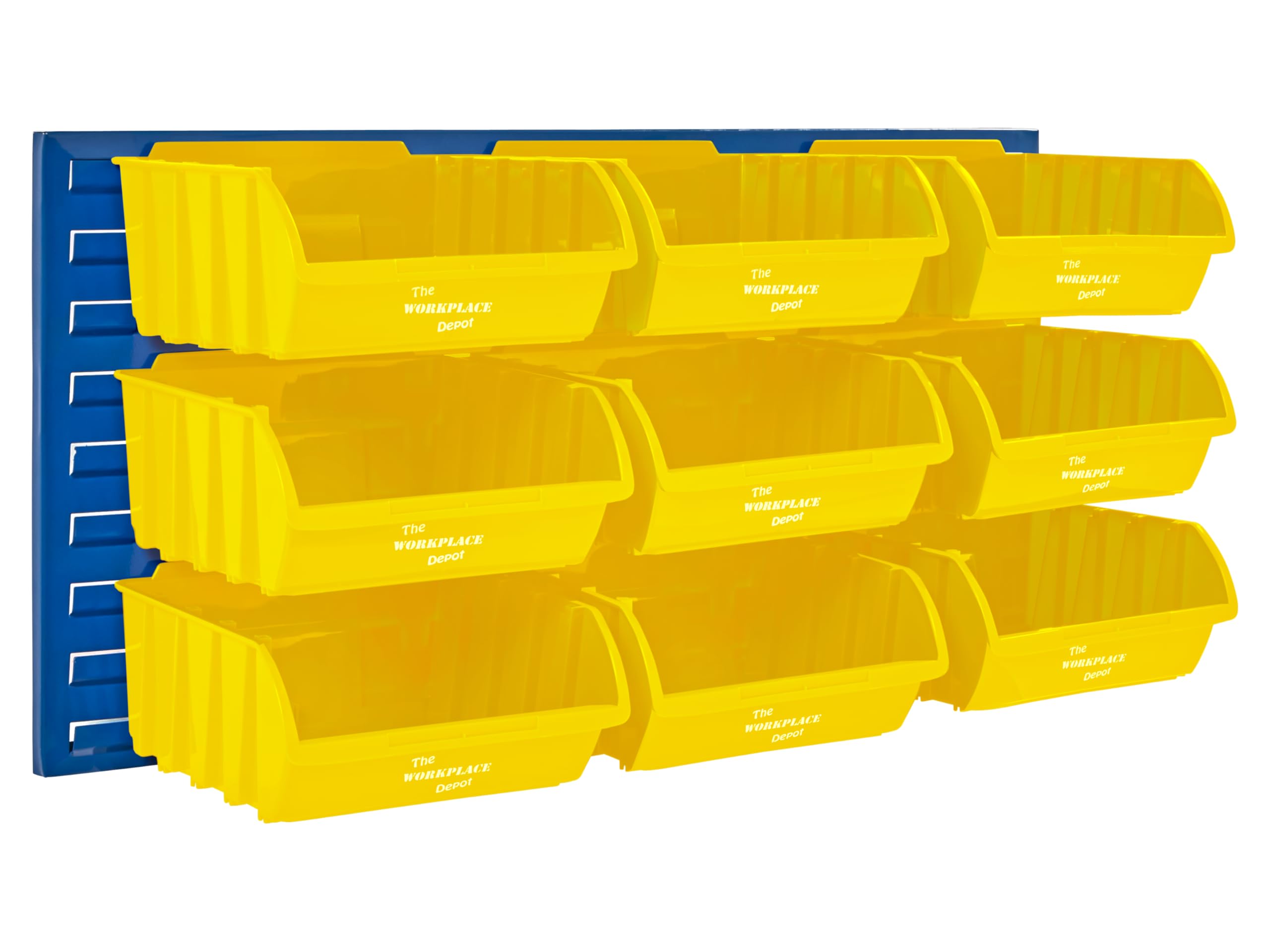 The Workplace Depot Yellow Wall Mounted Louvre Panel Kit – Steel Storage Panel 460(H) × 995(W) With Polypropylene Bins – Ideal For Workshop, Garage & Warehouse Organisation (, With X9 Large Bins)