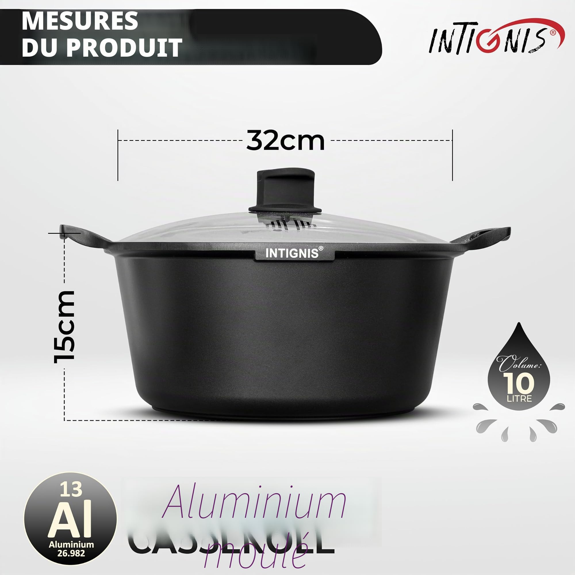 Cocotte avec couvercle – Grande 32 cm | 10 litres | 15 pouces – Compatible induction – Revêtement antiadhésif en céramique GREBLON sans produits chimiques