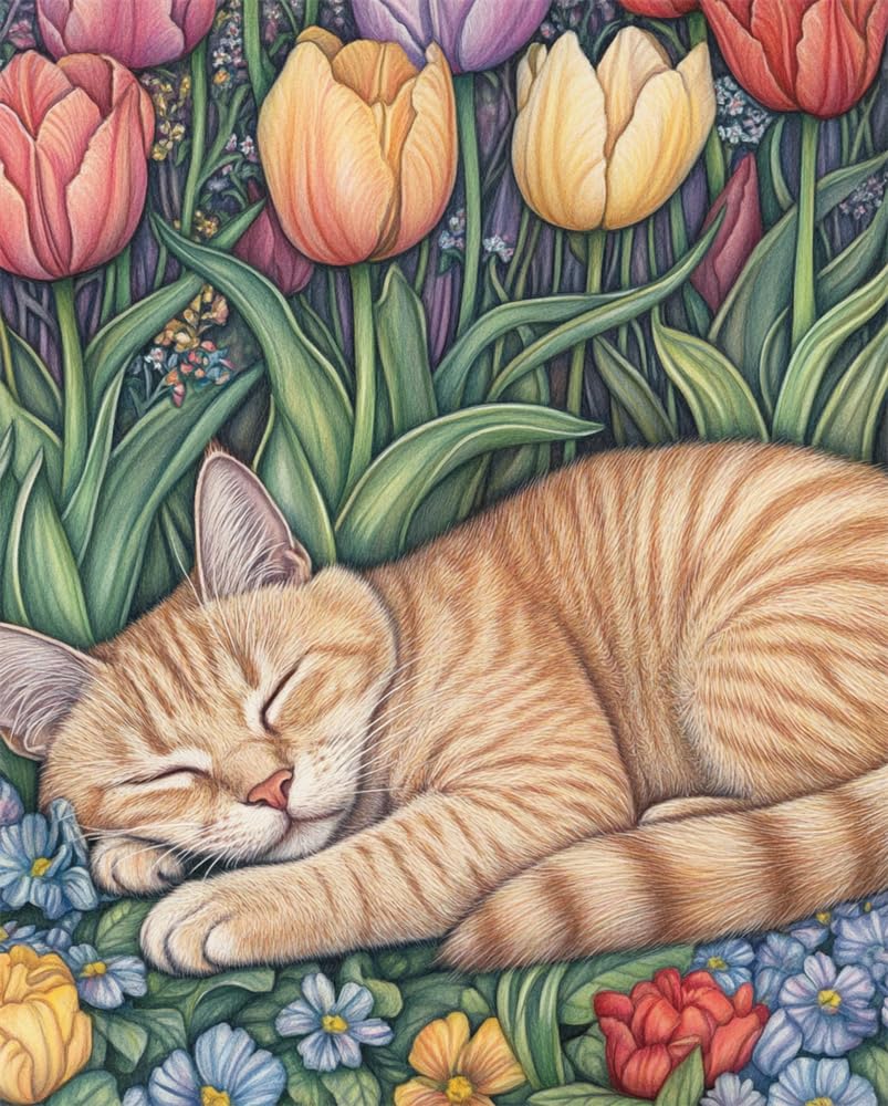 Henypt Full Bead Embroidery Kit Picture Cat Napping In A Spring Garden Needlepoint Spring Beaded Cross Stitch Beaded Pattern 3D Embroidery Kit