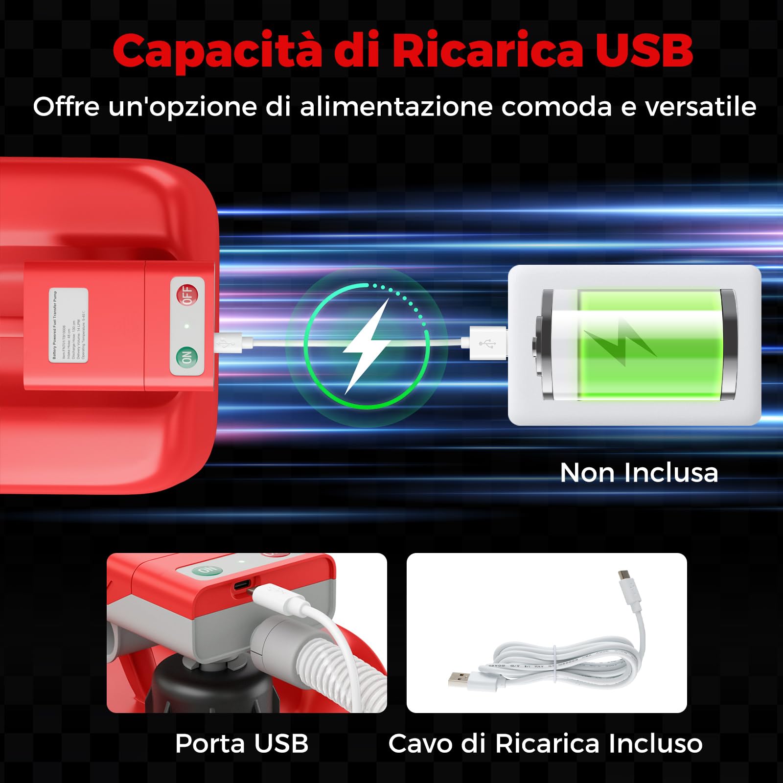COSTWAY Pompa di Trasferimento del Carburante con Sensore di Arresto Automatico, Pompa Travaso Gasolio Elettrica a Batterie o Ricaricabile con Adattatore di 3 Dimensioni, con Infusione di 14L/ min