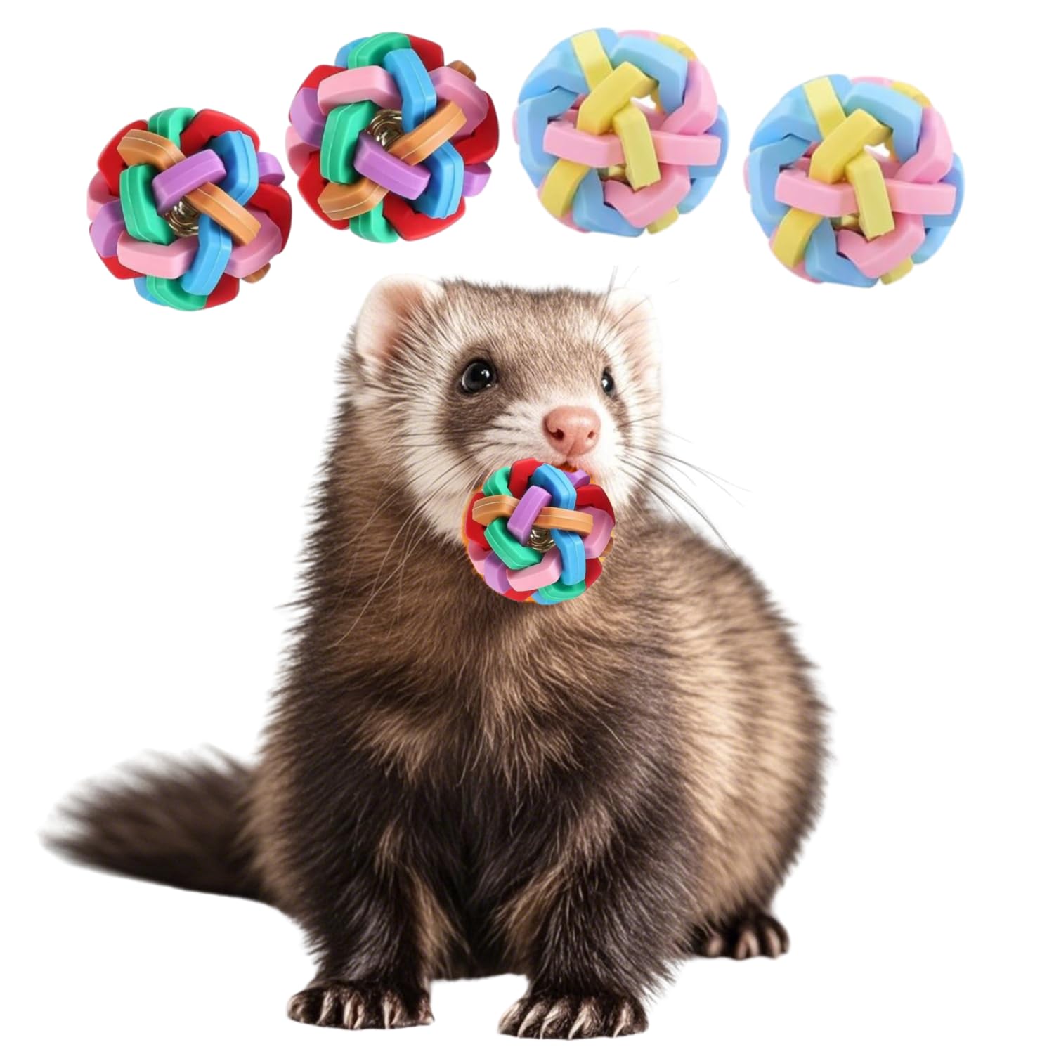 TTMIMIK 4 Pack Ferret Toys Ball Set, Rubber Scratch Chew Toys with Built-in Bell Soft Colorful Balls Grinding Wiggle Ball Interactive Sound Toy
