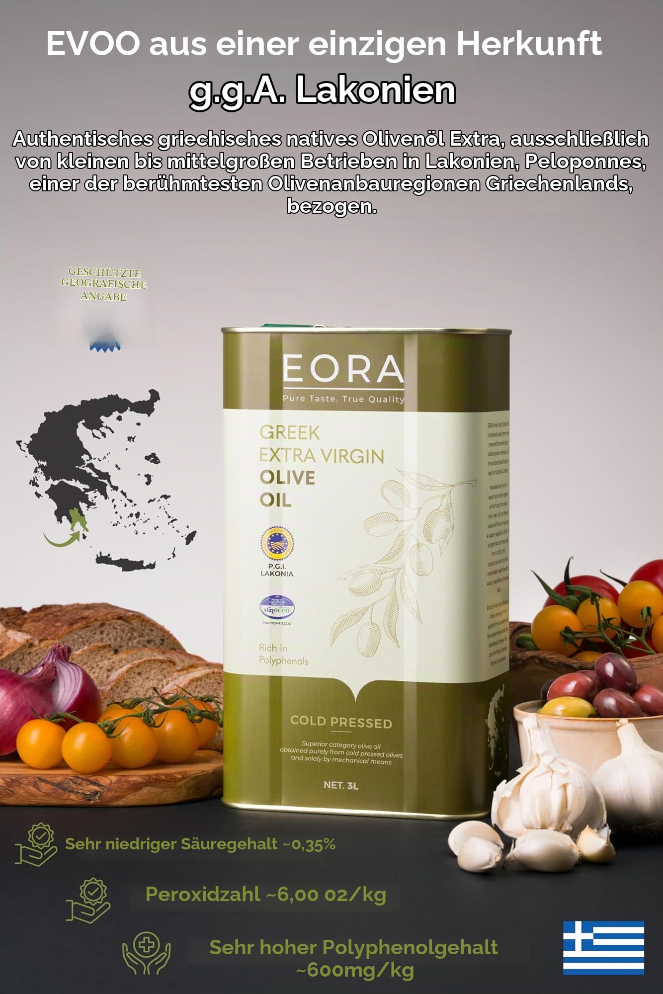 EORA Premium Griechisches Natives Olivenöl Extra 3L (Neue Ernte 25/26) – Hoher Polyphenolgehalt, kaltgepresst, sehr niedriger Säuregehalt ~0,35% – Einzelne Herkunft P.G.I. Lakonien, Griechenland