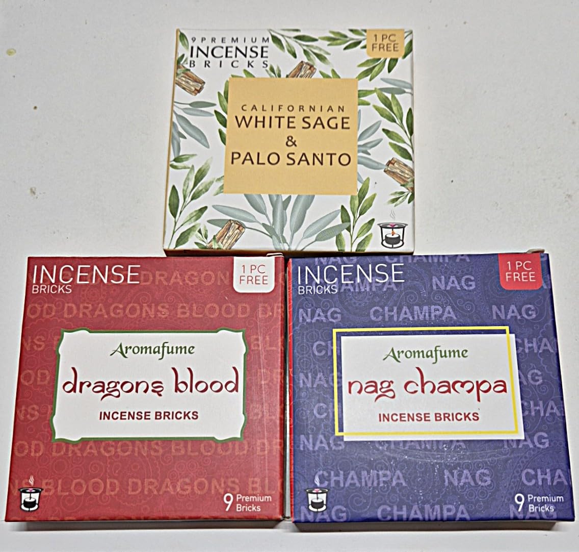 Aromafume Incense Bricks (3 Trays x 9 Pieces Each) 1 Tray each of Dragon's Blood, Nag Champa, White Sage & Palo santo