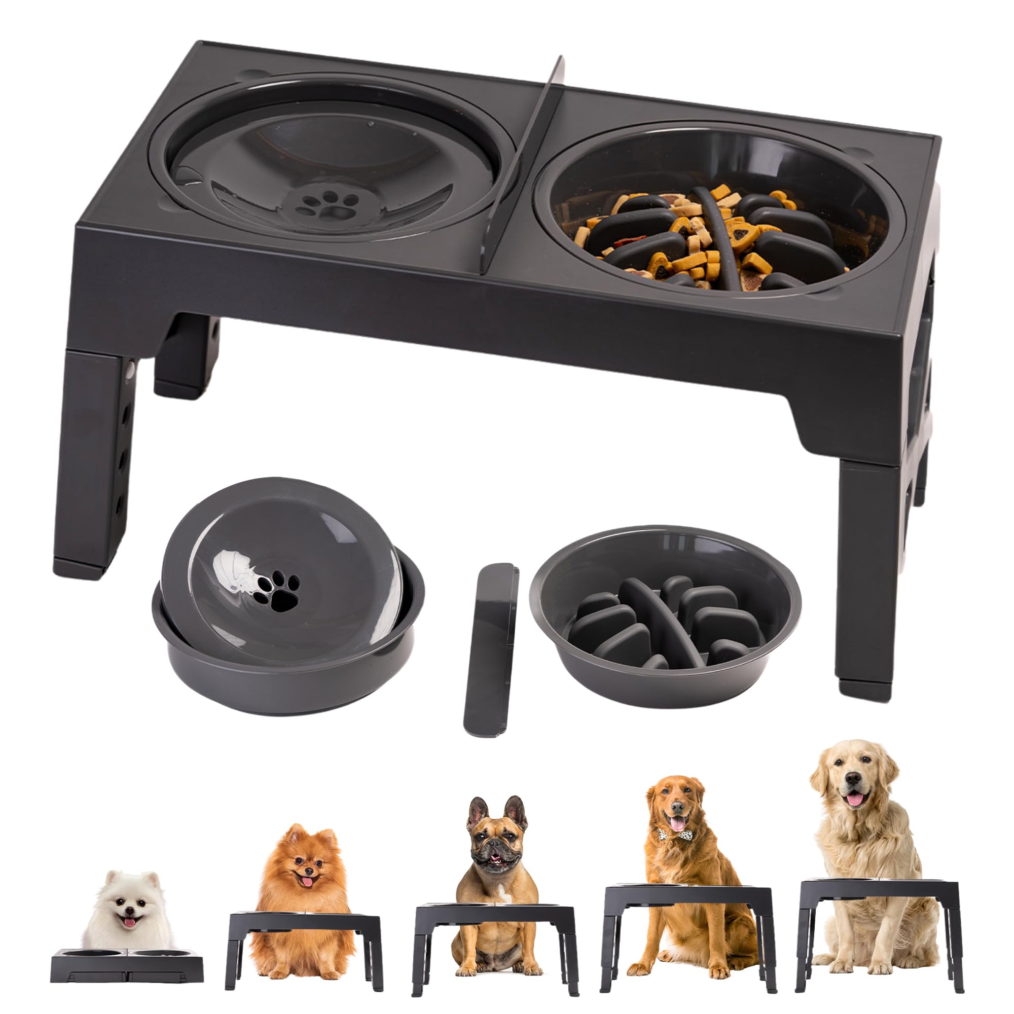 PETRAIOS.Comedero Perro Elevado Con 5 Alturas Ajustables | Incluye Comedero Antivoracidad Y Bebedero Antigoteo | Se Añade Separador Entre Cuencos De Regalo | Comedero Elevado Perro Con Diseño Mejorado