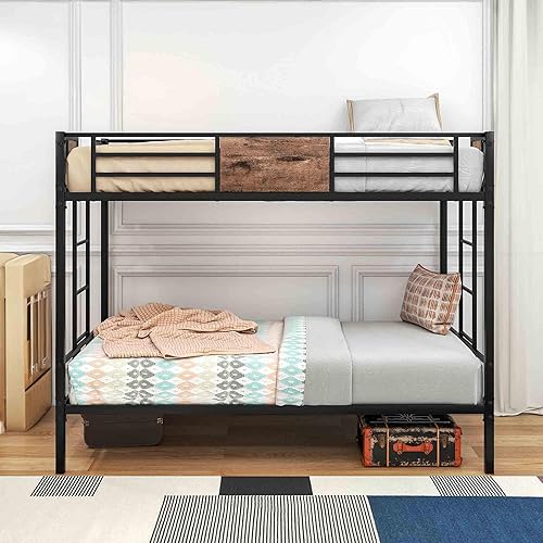 RIDFY Bunk Bed with Ladder and Guardrail, Metal Twin Over Twin Size Platform Bed Frame, Heavy Duty Camas with Space-Saving Design for