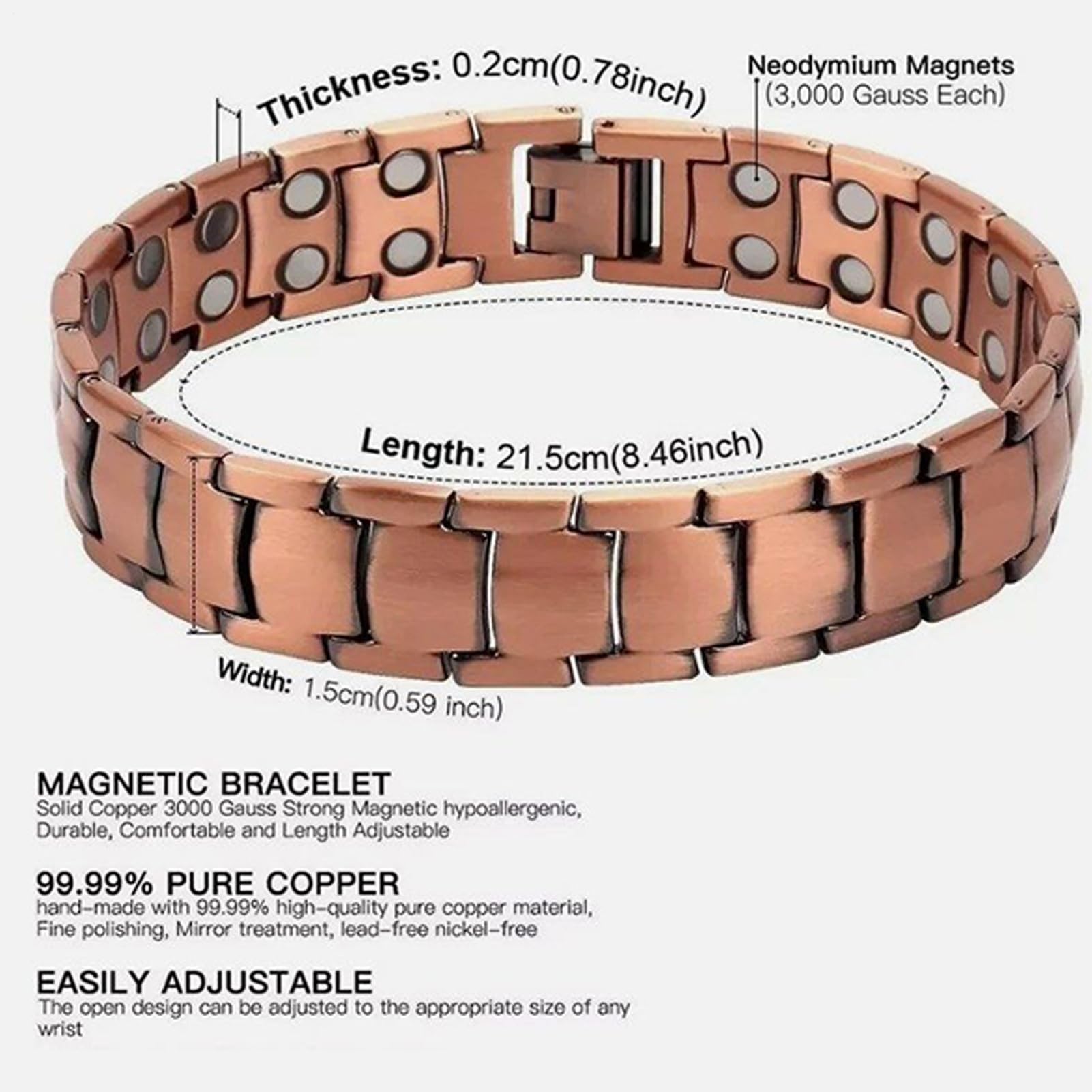 Pulsera De Cobre Para Hombres | Brazalete Magnético De Cobre Puro Joyería Relajante - Brazalete Ajustable Para Hombre Adultos Deportes Gimnasio Running Golf Tenis Viaje