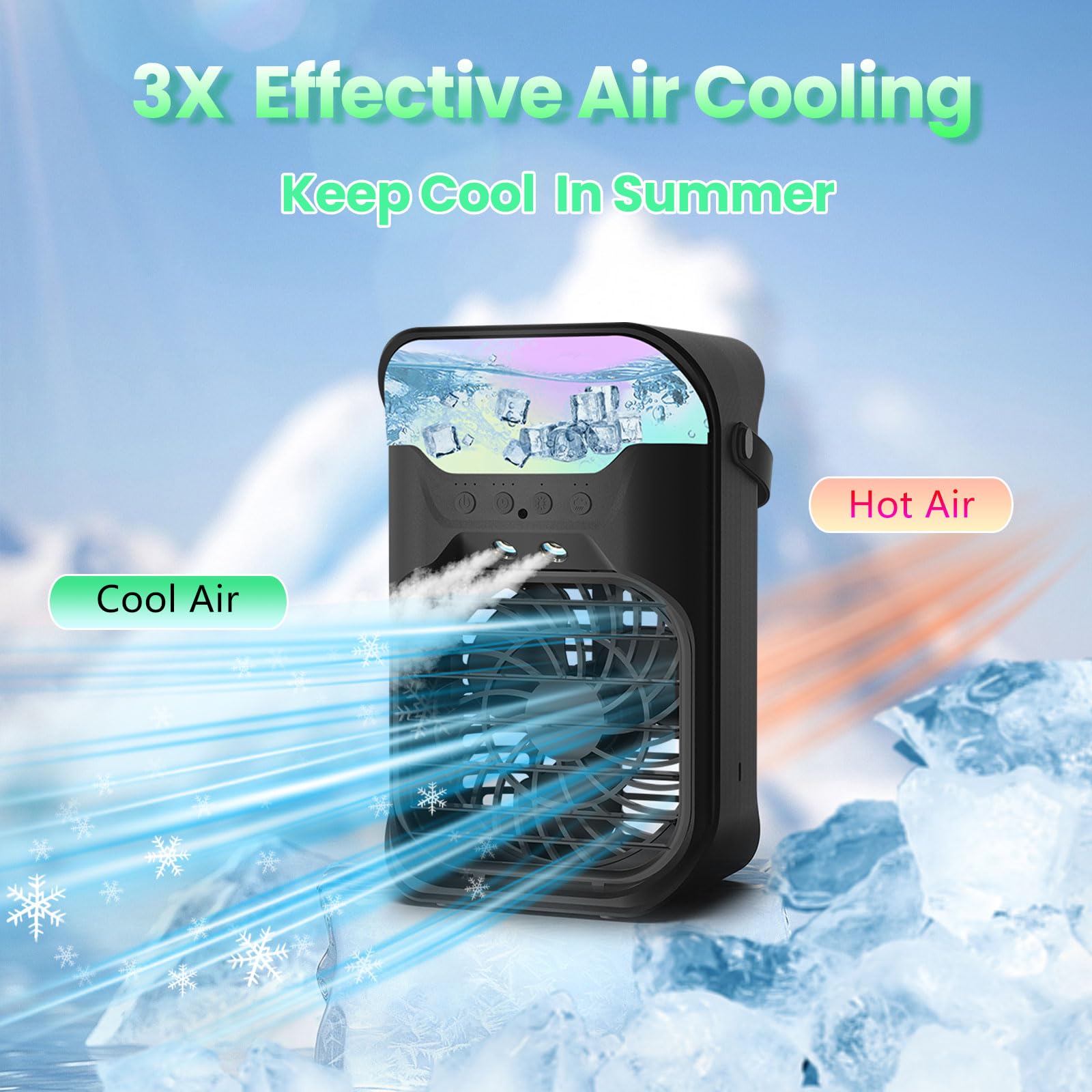Aire acondicionado portátil pequeño, unidad de CA portátil con control remoto, tanque de agua de 1.5L, 3 velocidades, 2 nieblas frías, 3 temporizadores, 7 luz nocturna, mini aire acondicionado 5