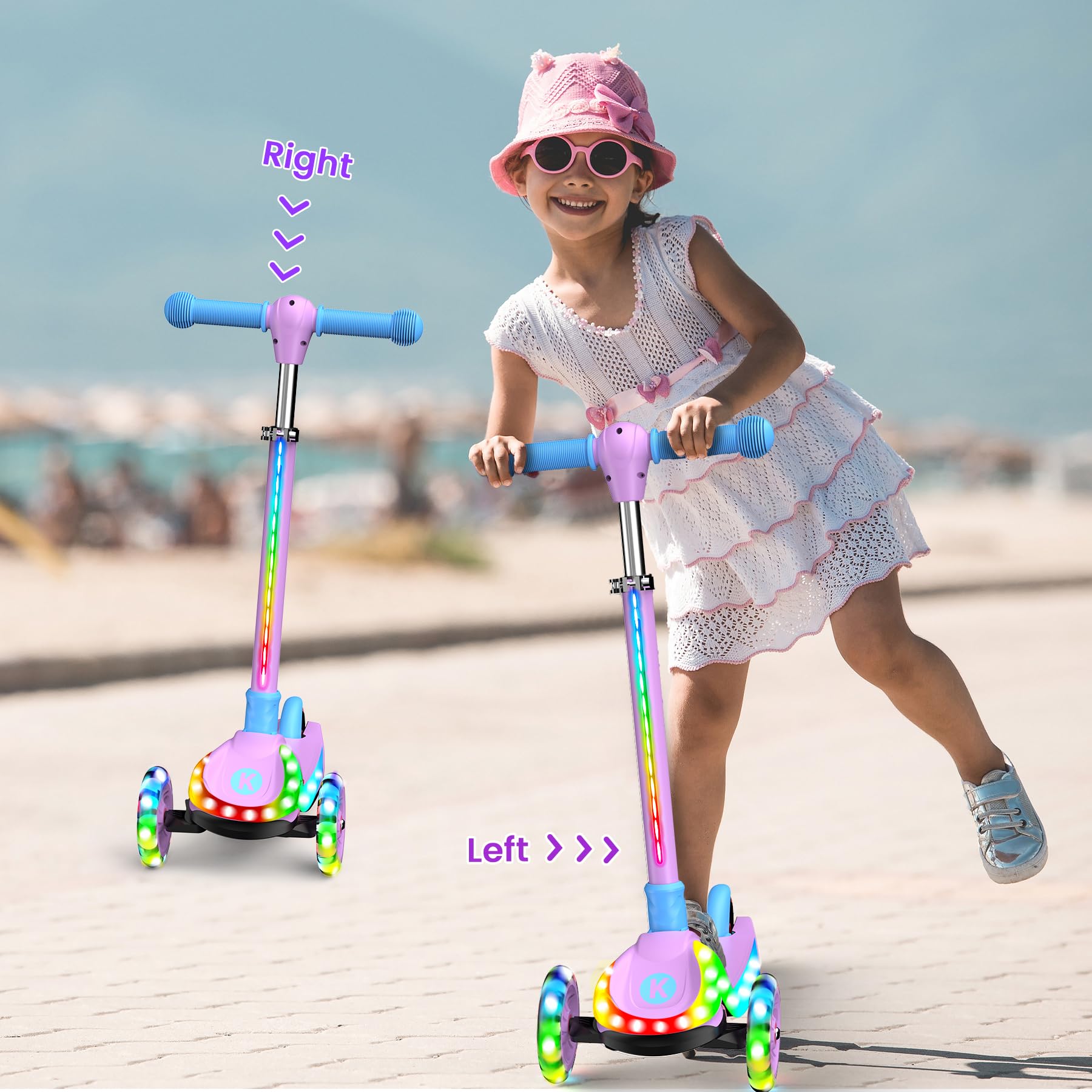 2-in-1 Verstellbarer Kinderroller, 3–12 Jahre, 5-stufiger Lenker, Abnehmbarer Sitz, LED-Räder, faltbar, Pink (Mädchen & Jungen) Schwarz