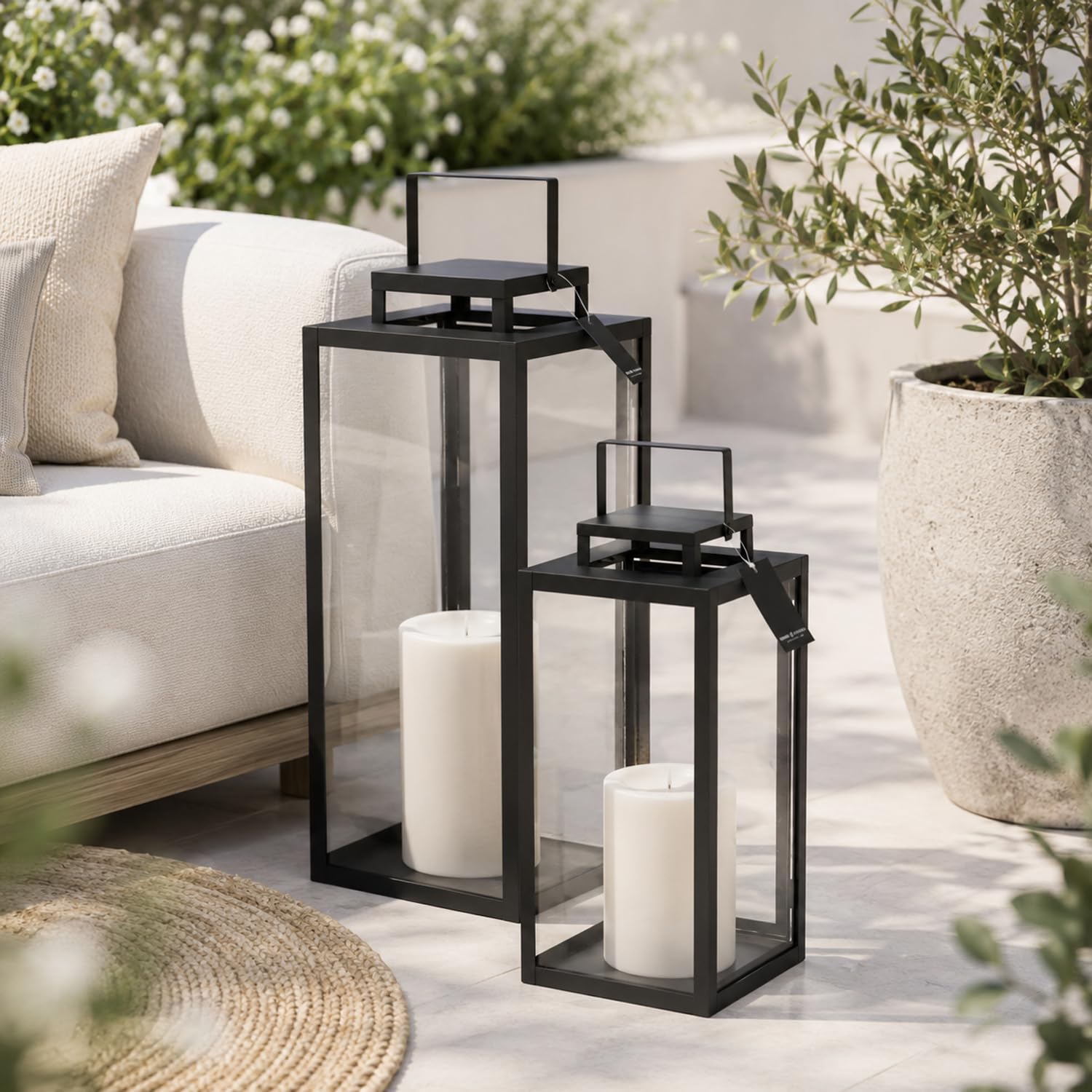 Lot de 2 lanternes de jardin - Lanternes en métal - Décoration extérieure - Noir - Hauteur : 50/40 cm