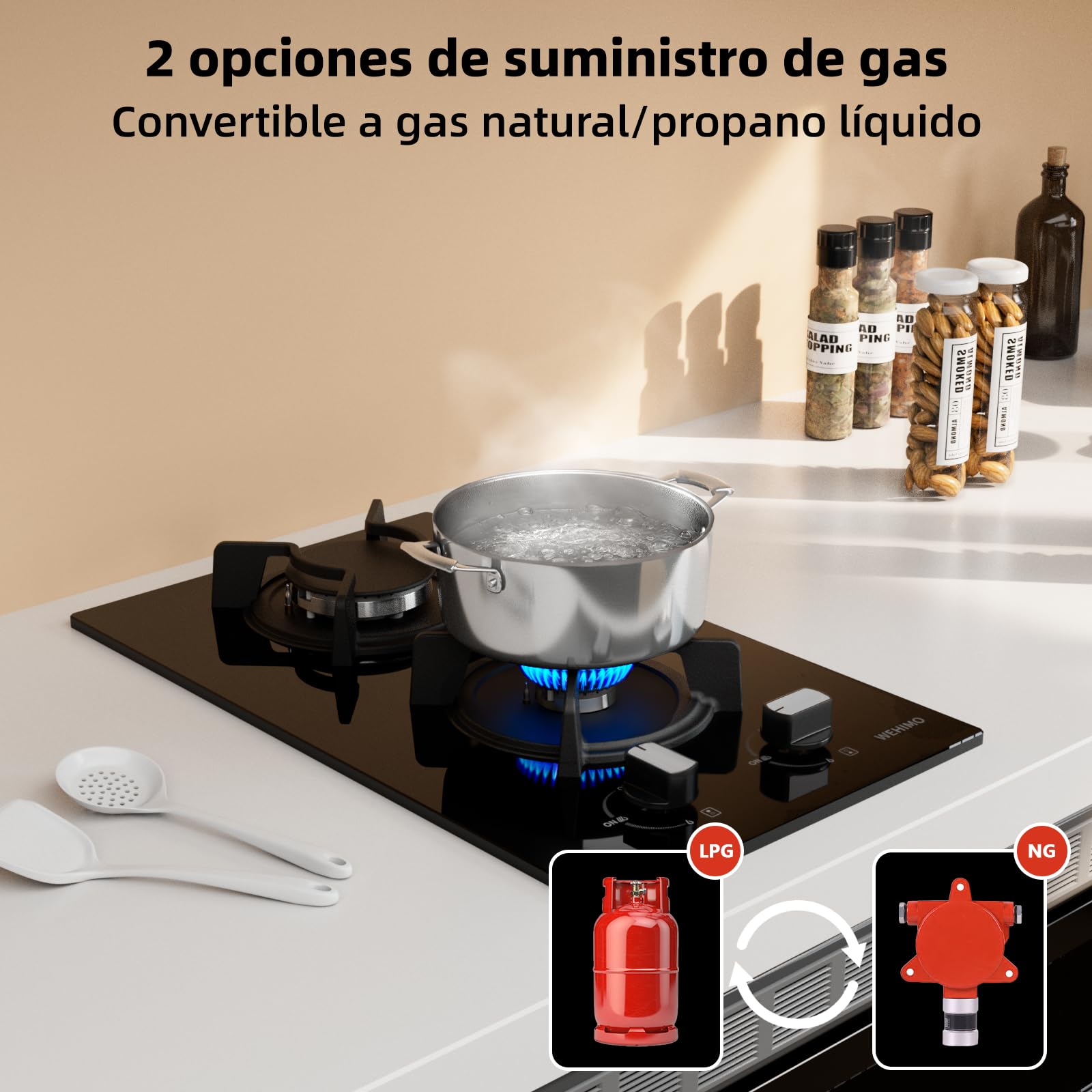 WEHIMO - Placa de cocina de gas de 2 fuegos, 2 fuegos empotrable, rejilla hierro fundido, 3700 W, gas ciudad y botella, cristal negro