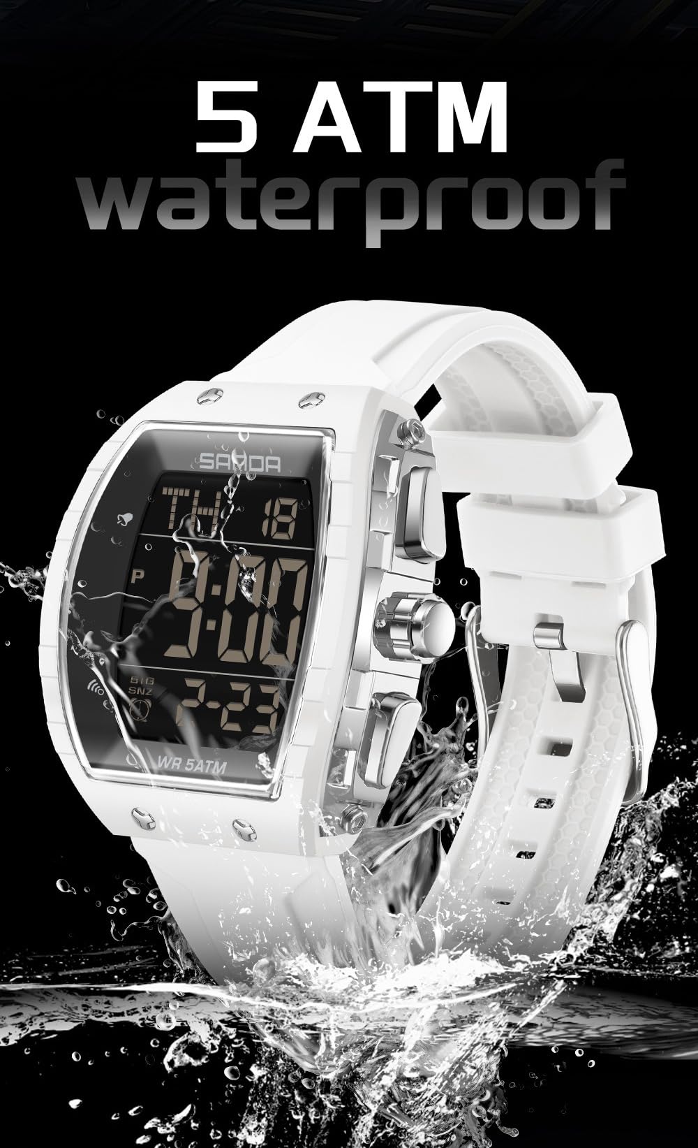 CARLIEN Montre numérique pour homme - Étanche jusqu'à 5 ATM - Bracelet en silicone - Double heure - Alarme - Compte à rebours - Chronomètre - Rétroéclairage LED