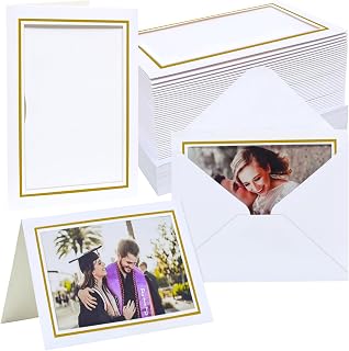 Photo Frame Cards 4x6 with Envelopes,Blank Photo Card Holder and Envelopes,Paper Picture Frame Notecards for 4x6 Photo Inserts,Graduations,Wedding(White with Gold Border, 50 Pack) 