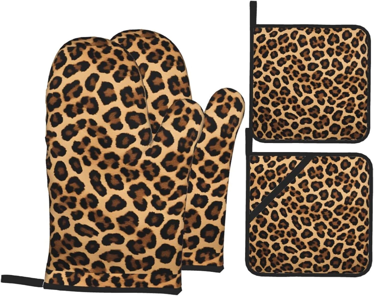 (Leopard Print) Baking 4-Piece Set: 2 Oven Mitts and 2 Pot Holders Heat Resistant Waterproof Hanging Loop for Kitchen Oven Grill Housewarming Gifts