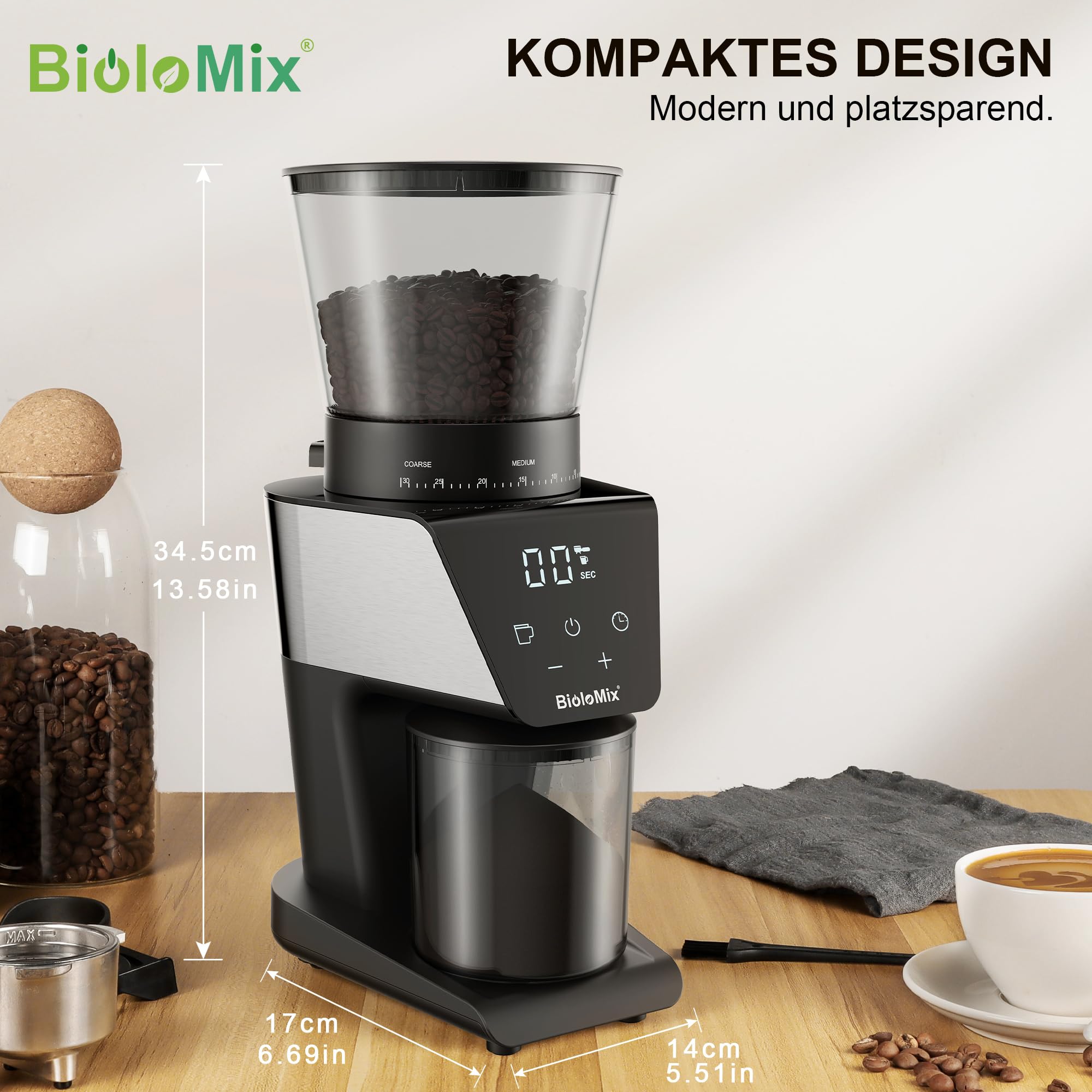 Biolomix Mulino elettrico conico con display touch screen digitale e culla portafiltro, mulino elettrico regolabile con 30 impostazioni di macinazione precise per 1-12 tazze. (antistatico), BG706