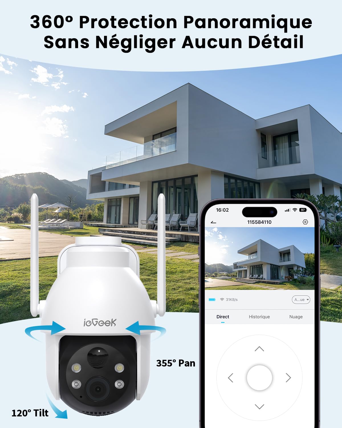 ieGeek 2K Caméra Surveillance WiFi Extérieure sans Fil 3MP 360° PTZ Solaire 15M Nocturne Couleur PIR/AI Détection Audio Bidirectionnel Alexa WiFi6 IP66