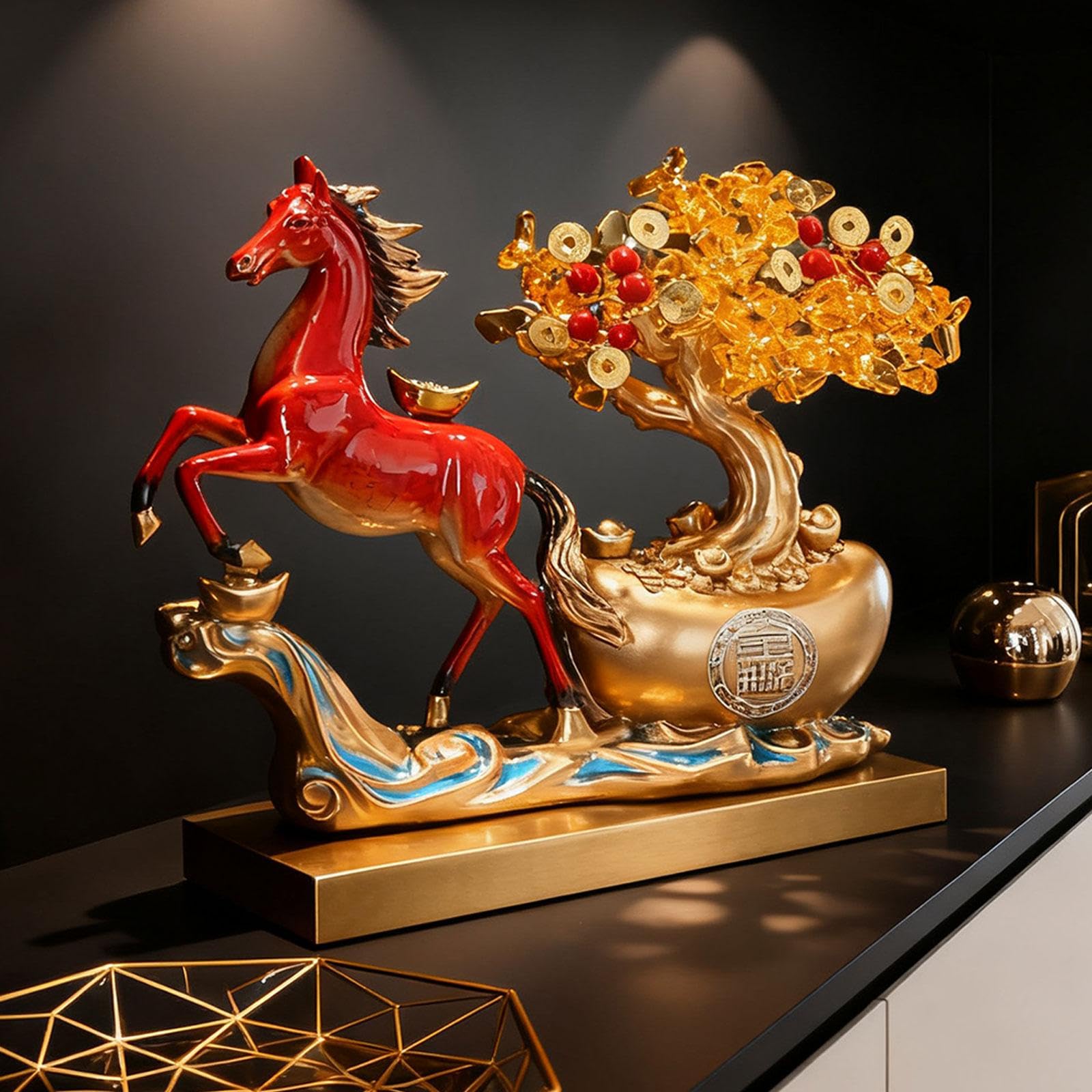Figura de Caballo de Resina Artesanal - Escultura de Animal Auspicioso para Desear Y Prosperidad - Diseño Creativo - Ideal para Decorar La Mes, Rojo, Individual