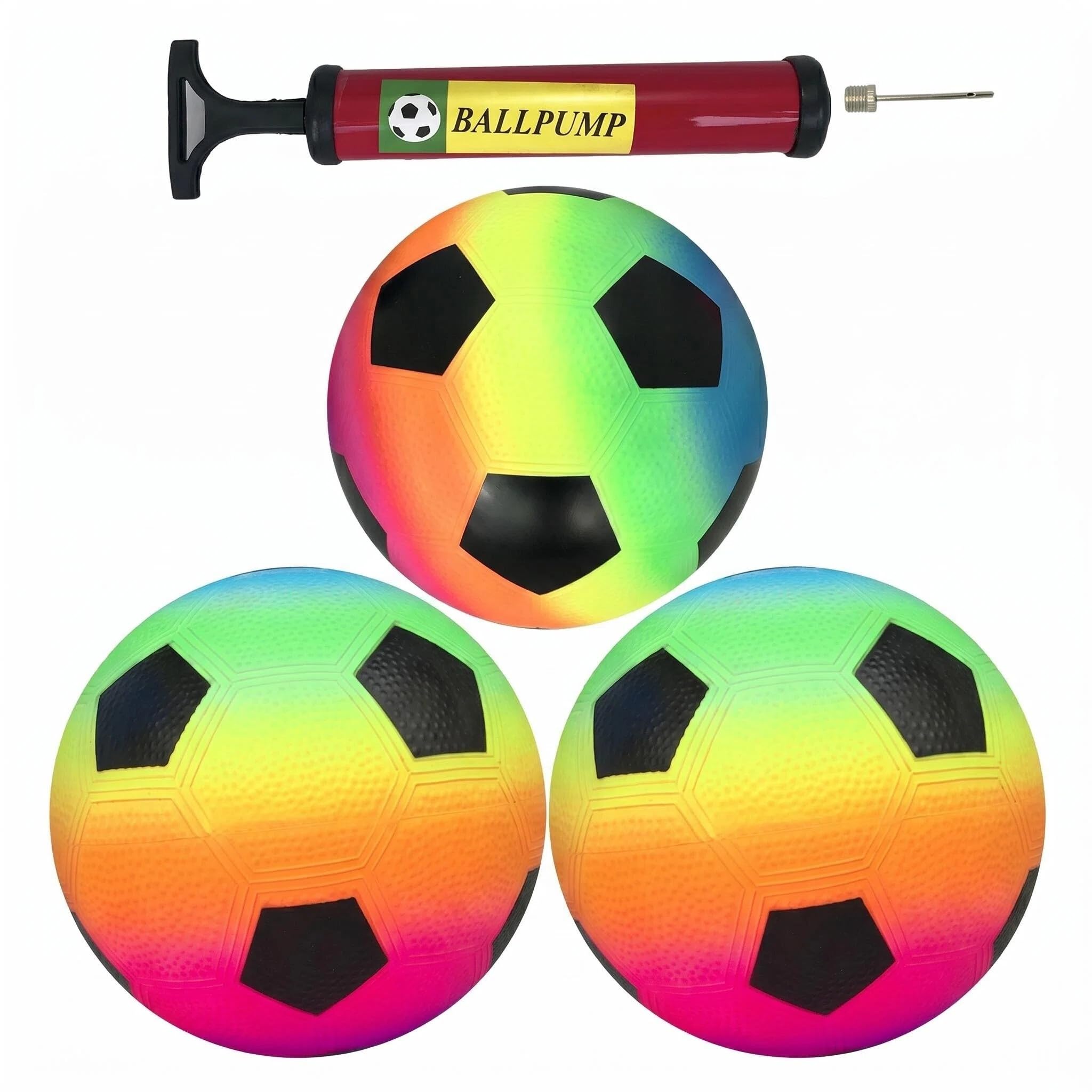Falafoty PVC Plastic Football, 3 Pack Inflatable Football for Kid Adults, Rainbow Soccer Ball with Pump, Outdoor Indoor Play Bouncy Beach Ball for Playground Garden School Soccer Shoot Game Toy Gift