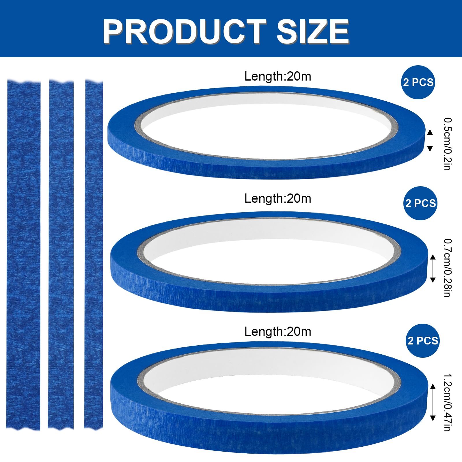Leikedun 6 Rolls Blue Masking Tape Fine line Masking Tapes Artist Masking Tape 5mm/7mm/12mm Widex22 Yard Low Tack Painters Tape for Painting Artists Decorating DIY Automotive School Office - Image 2