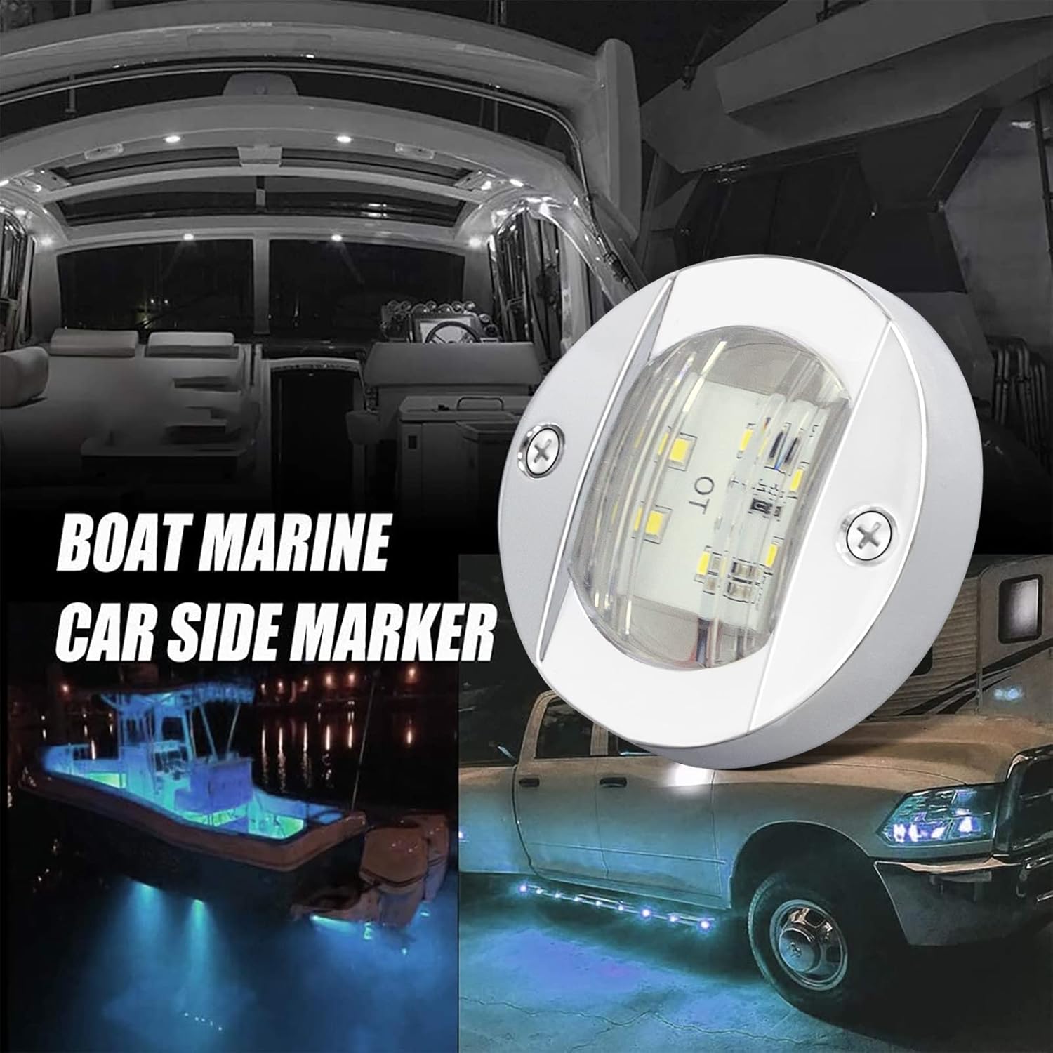ALFU 8PCS White DC12V 6 LED Side Marker Navigation Lights Waterproof Marine Boat Yacht Round Transom Anchor Stern Lights with Chrome Bezel
