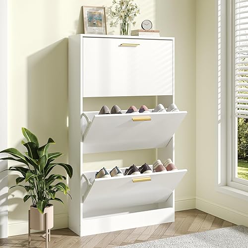 JOZZBY Armario de zapatos para entrada, delgado, color blanco, con 3 cajones abatibles, almacenamiento oculto de zapatos, gabinete estrecho de