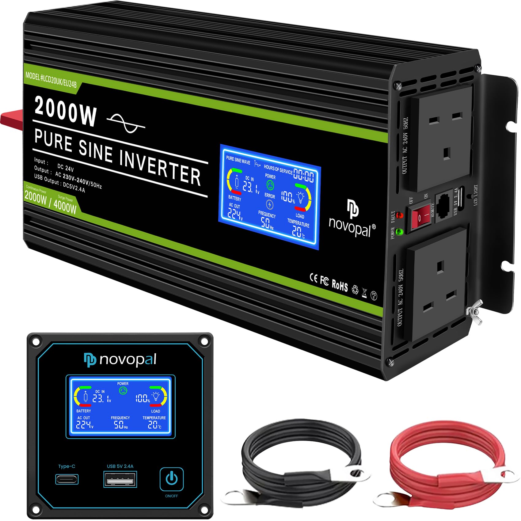 NOVOPAL 2000W Pure Sine Wave Inverter 24V to 230V 240V Car Power ...