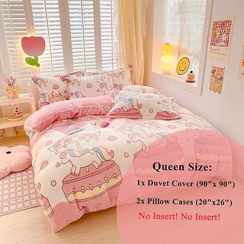 Miniatura 2 de Juego de funda de edredón de carrusel para niños, juego de ropa de cama kawaii rosa con copos de nieve, funda de edredón suave y reversible,